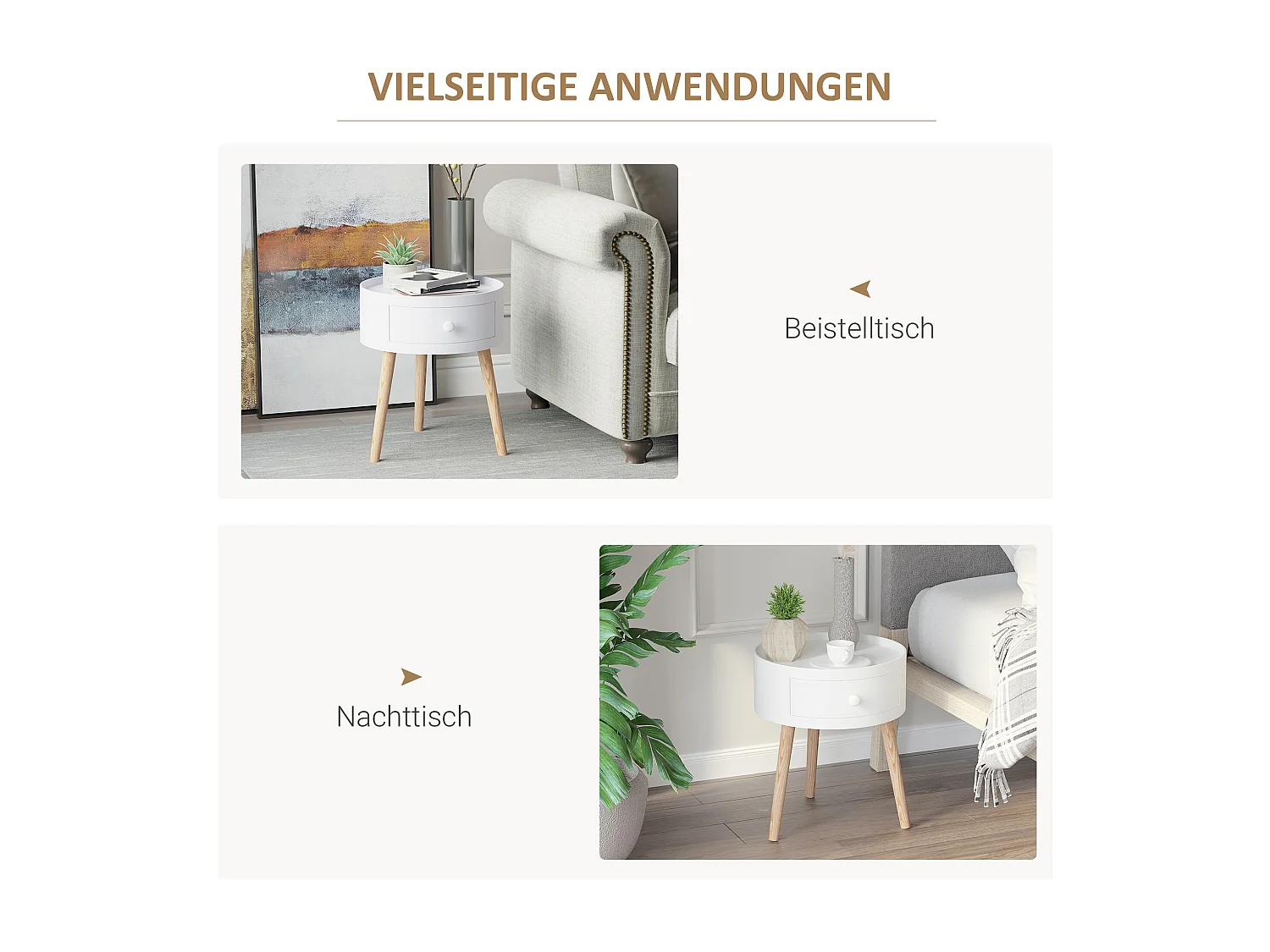 Table basse ronde avec tiroir, bois blanc, style scandinave, capacité 50kg (Ø38x45cm)