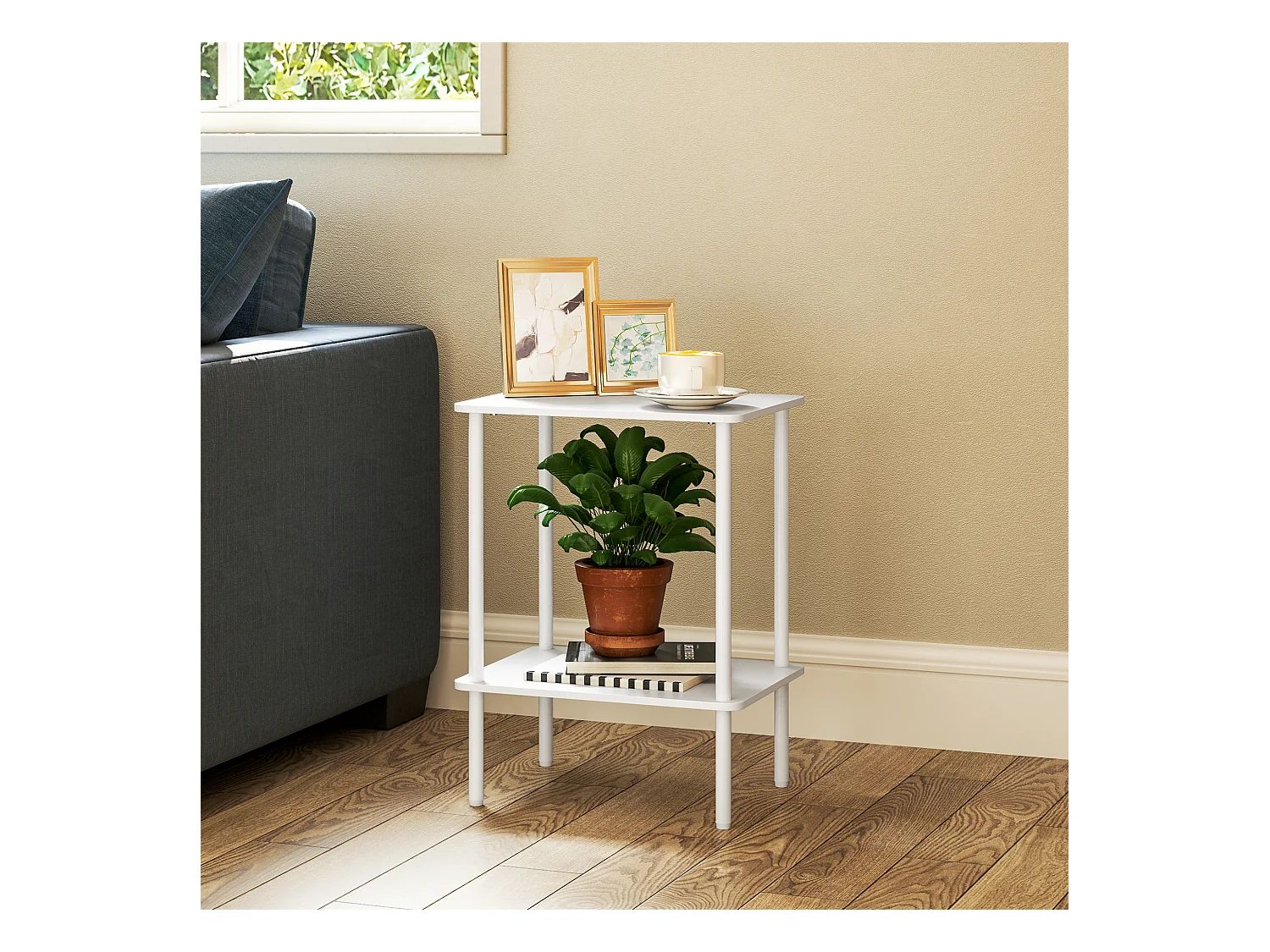 Table d'appoint à 2 niveaux avec espace de rangement, cadre métallique, design moderne, bois, blanc (40x30x52.2 cm)