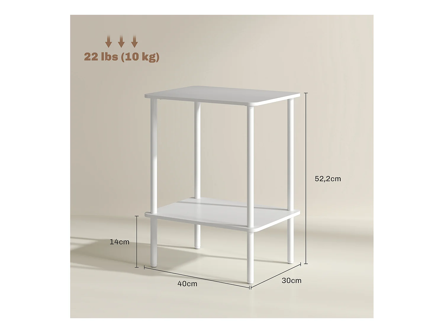 Table d'appoint à 2 niveaux avec espace de rangement, cadre métallique, design moderne, bois, blanc (40x30x52.2 cm)