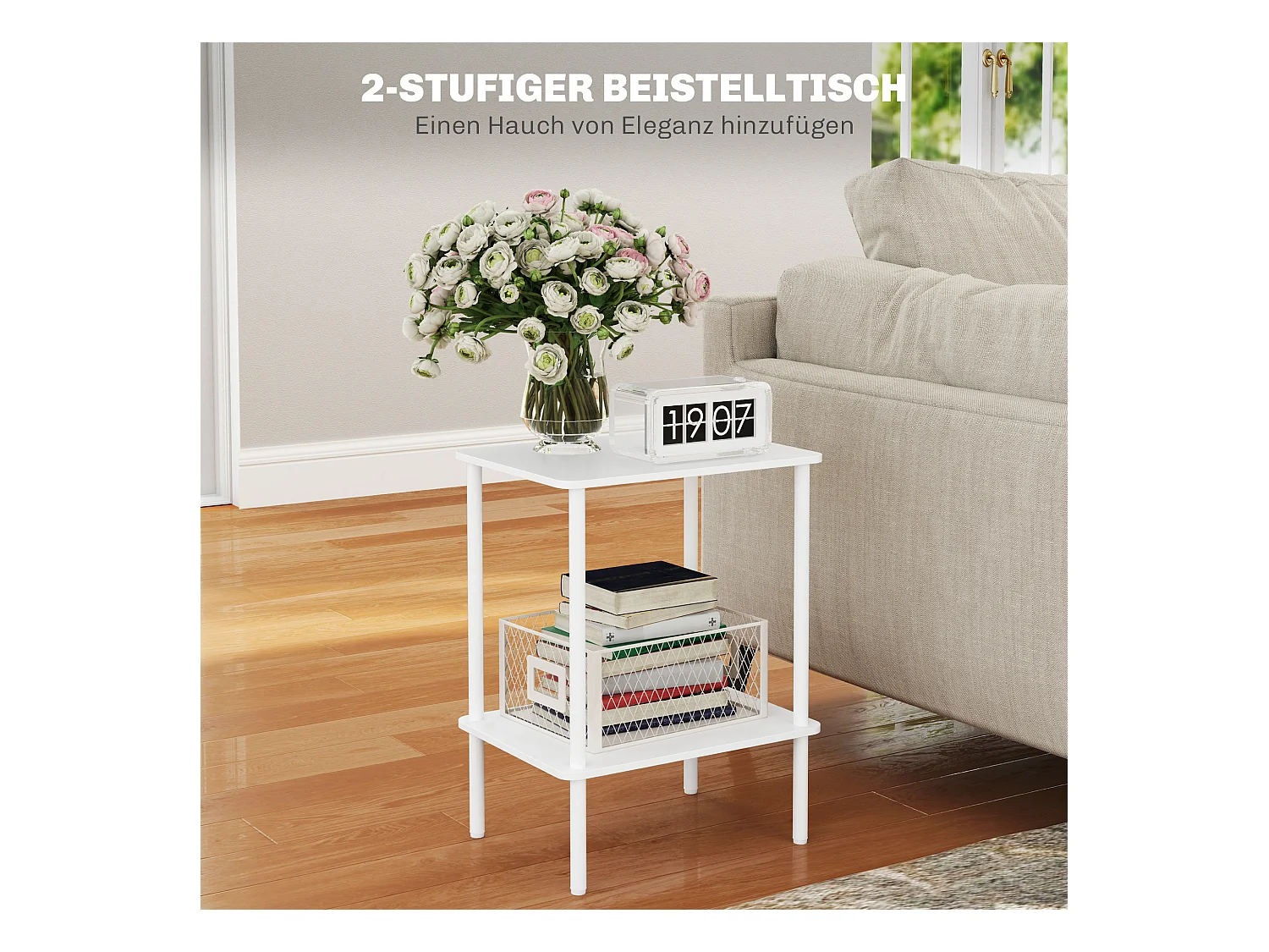 Table d'appoint à 2 niveaux avec espace de rangement, cadre métallique, design moderne, bois, blanc (40x30x52.2 cm)