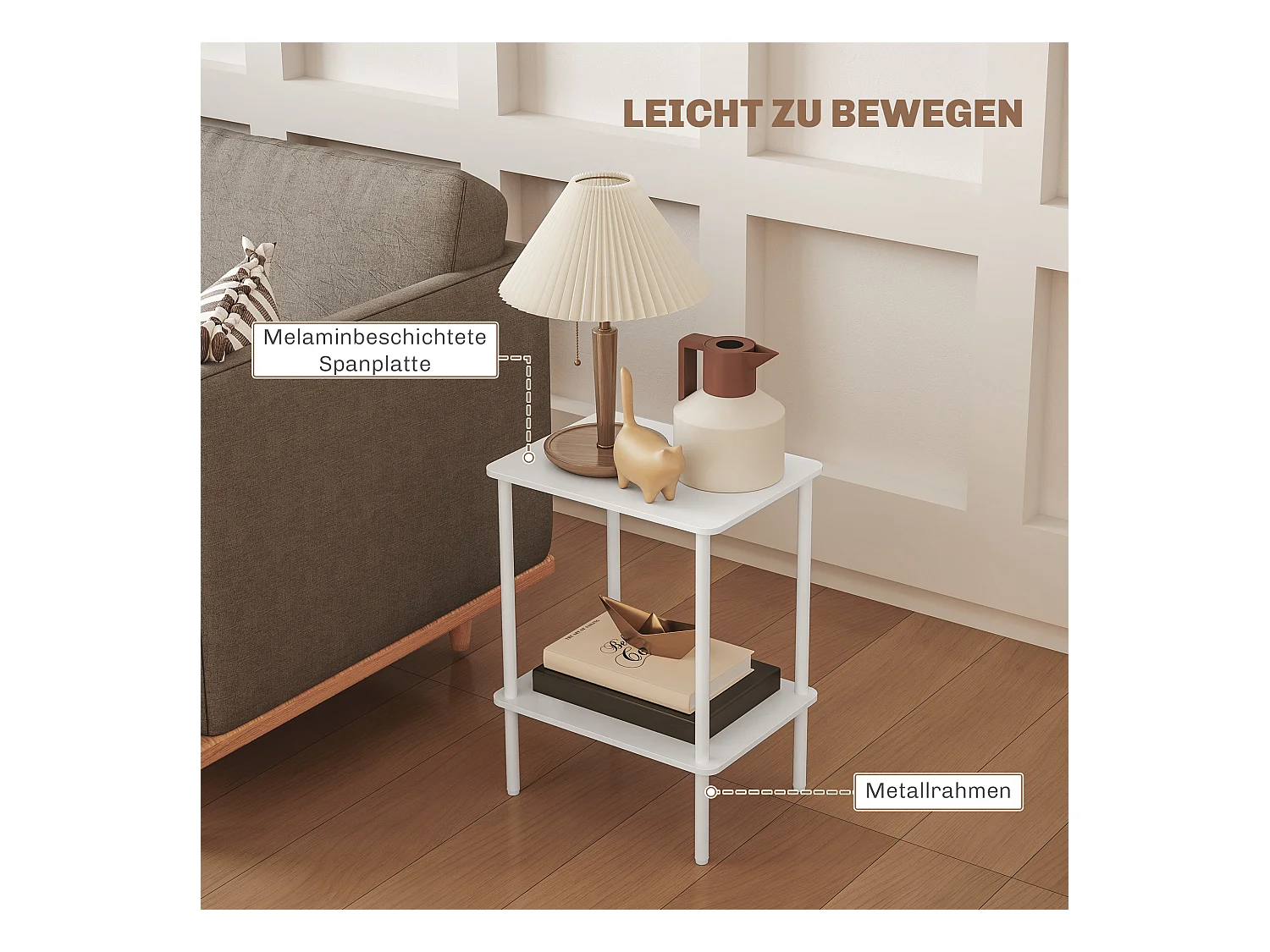 Table d'appoint à 2 niveaux avec espace de rangement, cadre métallique, design moderne, bois, blanc (40x30x52.2 cm)