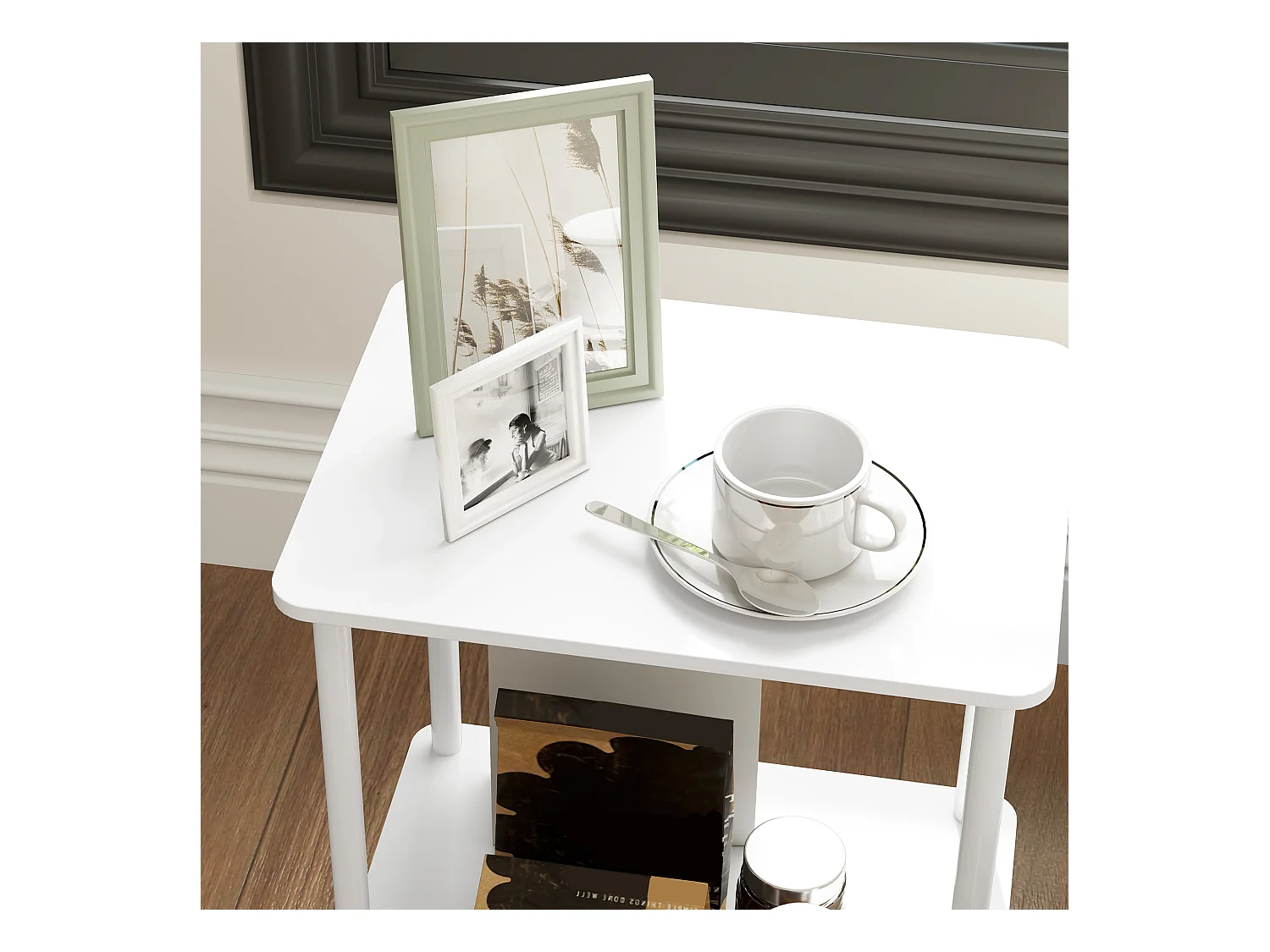 Table d'appoint à 2 niveaux avec espace de rangement, cadre métallique, design moderne, bois, blanc (40x30x52.2 cm)