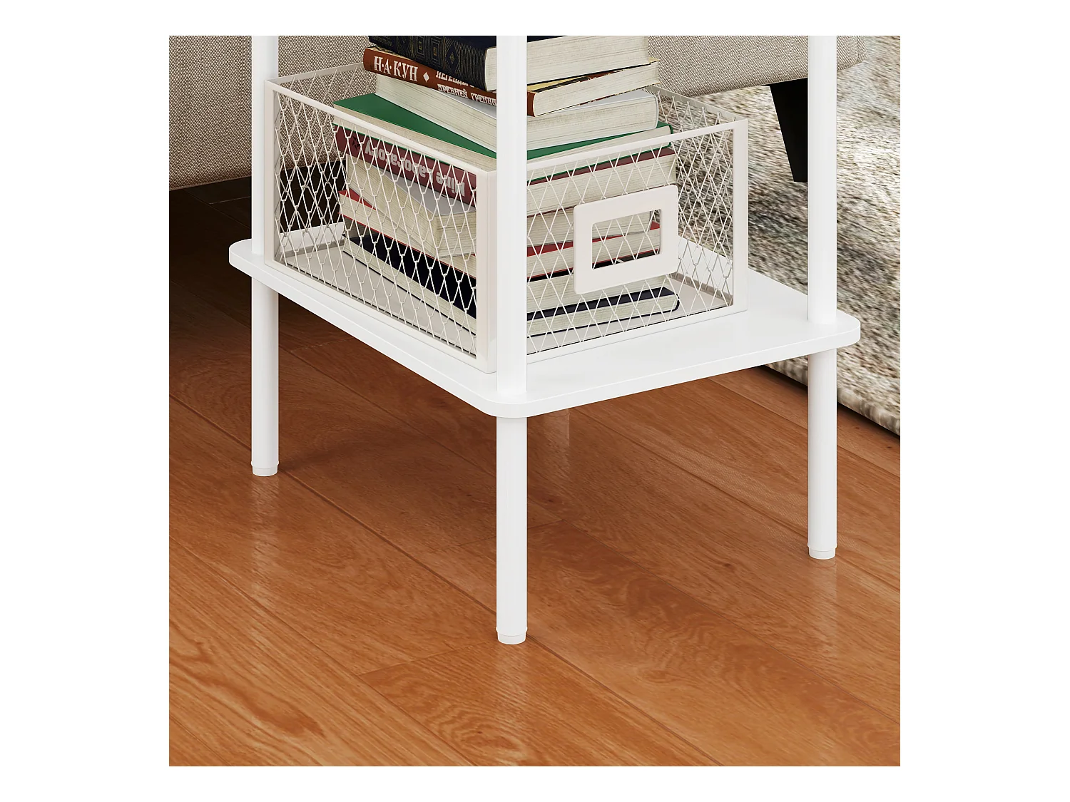 Table d'appoint à 2 niveaux avec espace de rangement, cadre métallique, design moderne, bois, blanc (40x30x52.2 cm)