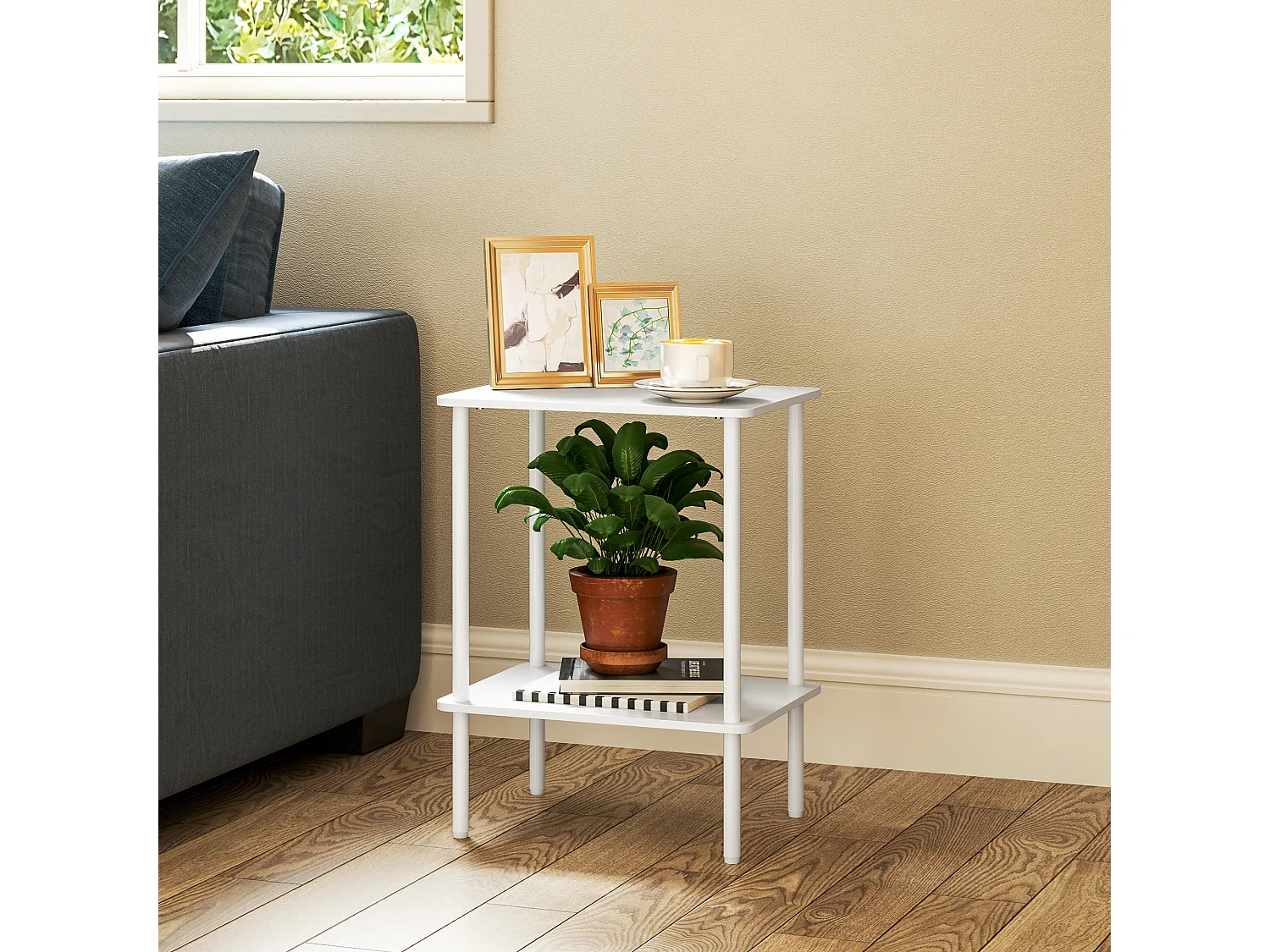 Table d'appoint à 2 niveaux avec espace de rangement, cadre métallique, design moderne, bois, blanc (40x30x52.2 cm)