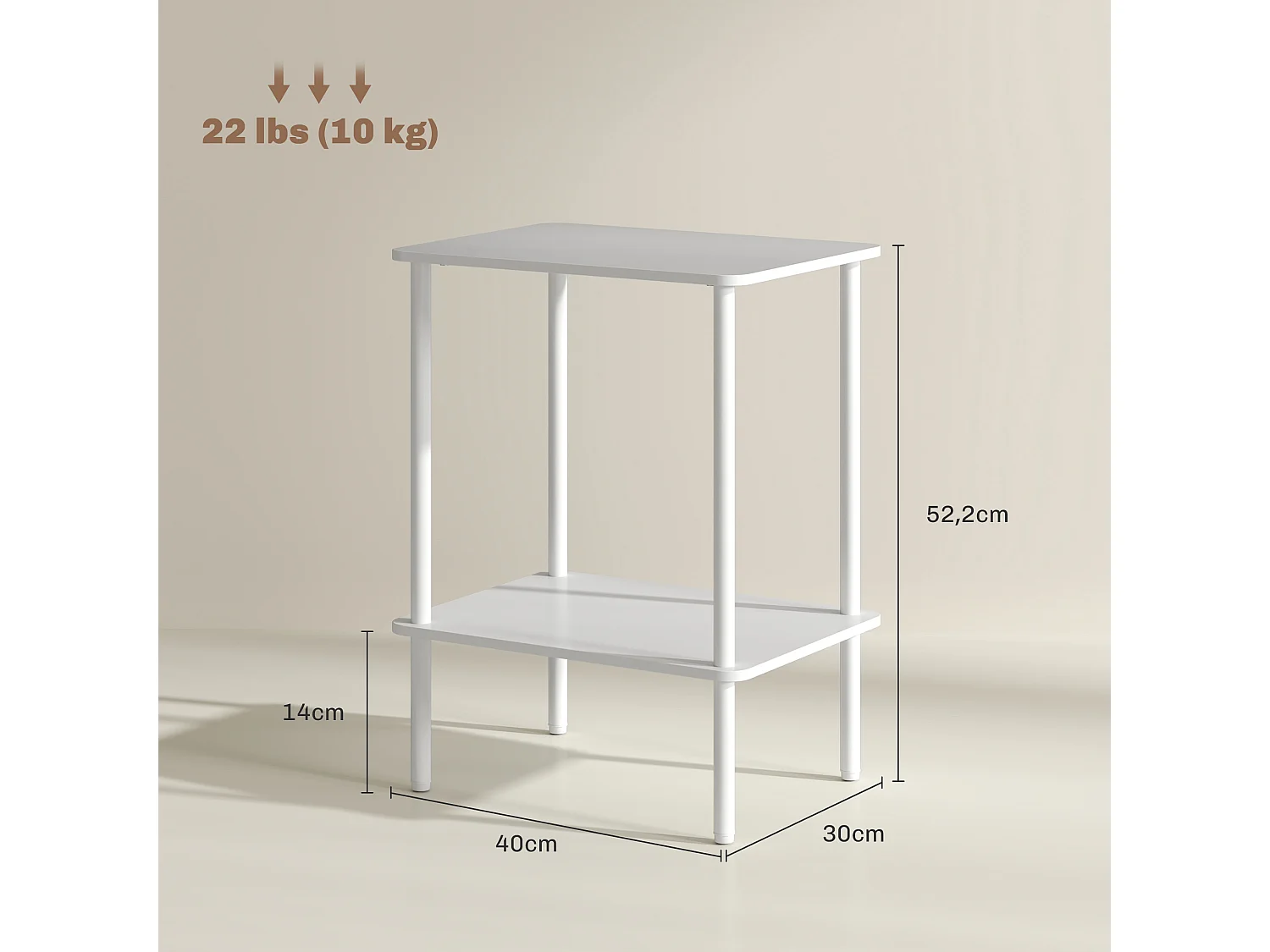 Table d'appoint à 2 niveaux avec espace de rangement, cadre métallique, design moderne, bois, blanc (40x30x52.2 cm)