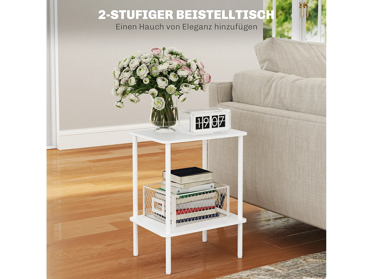 Table d'appoint à 2 niveaux avec espace de rangement, cadre métallique, design moderne, bois, blanc (40x30x52.2 cm)