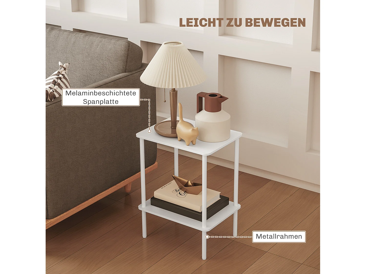 Table d'appoint à 2 niveaux avec espace de rangement, cadre métallique, design moderne, bois, blanc (40x30x52.2 cm)