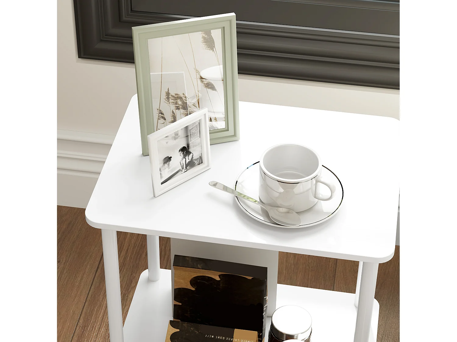 Table d'appoint à 2 niveaux avec espace de rangement, cadre métallique, design moderne, bois, blanc (40x30x52.2 cm)