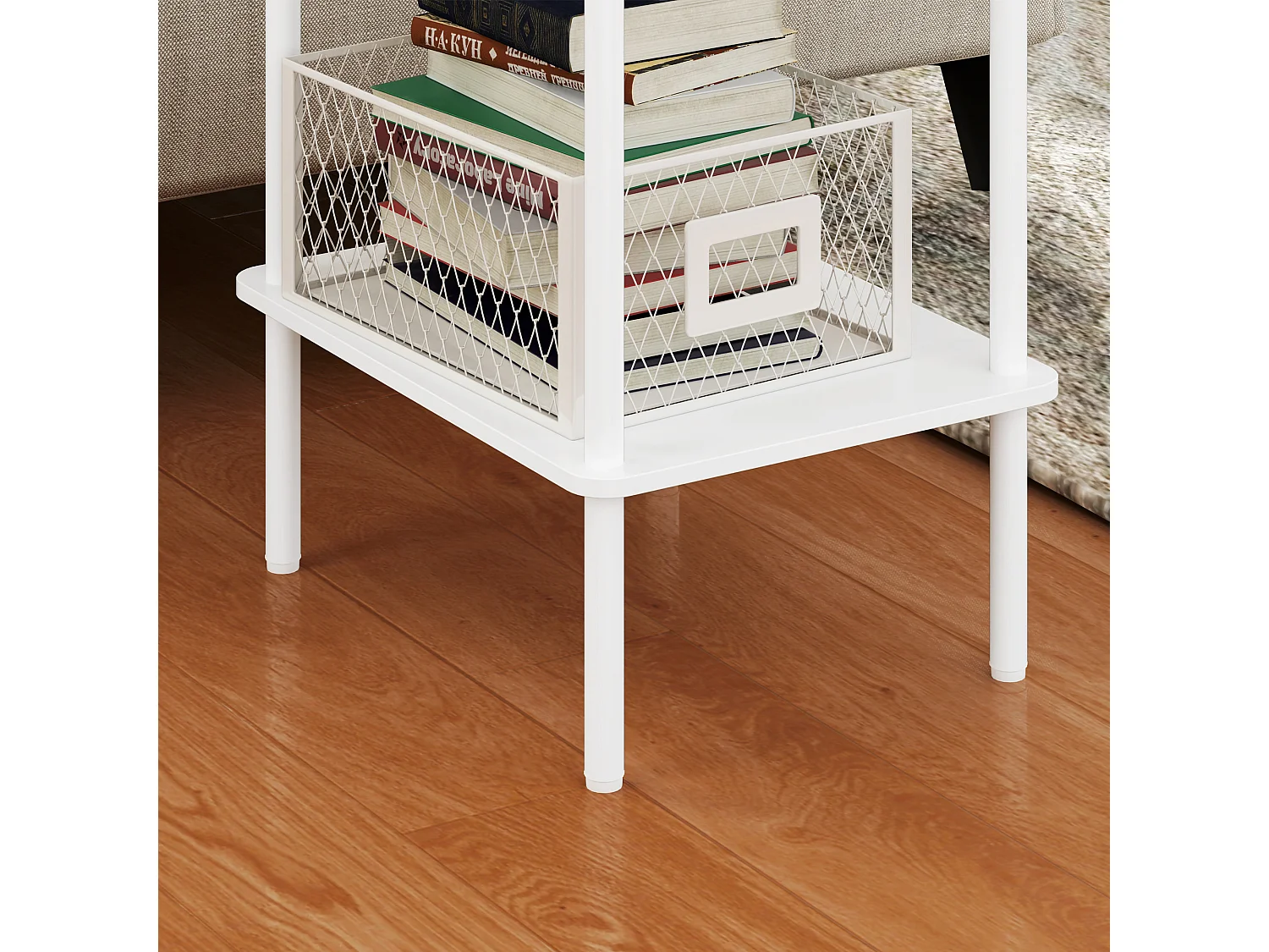 Table d'appoint à 2 niveaux avec espace de rangement, cadre métallique, design moderne, bois, blanc (40x30x52.2 cm)