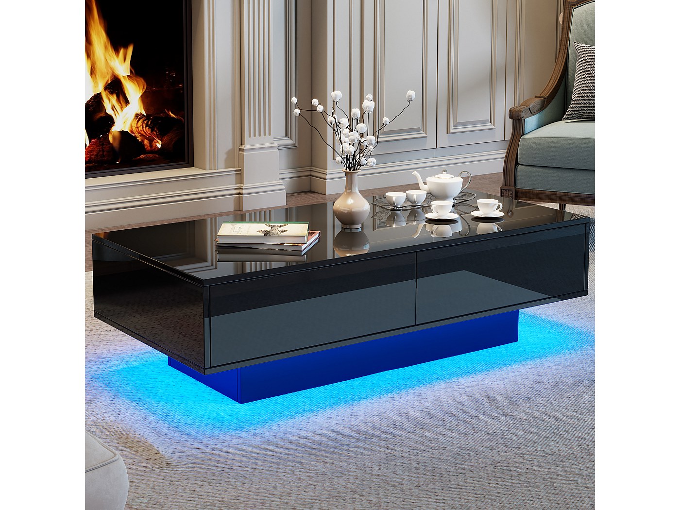 Table basse LED avec 2 tiroirs, design moderne, noir, (115x55x34 cm)