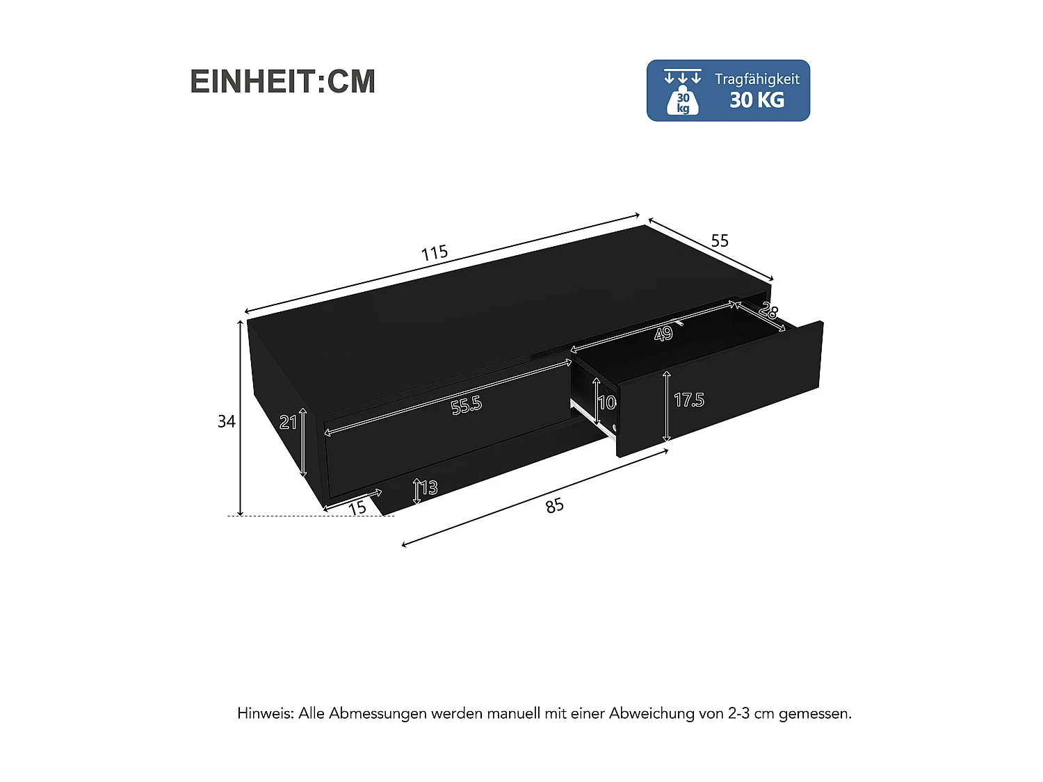 LED salontafel met 2 lades, modern design, zwart, (115x55x34 cm)