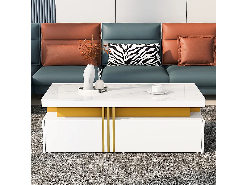 Table basse moderne avec 2 tiroirs, surface haute brillance, plateau marbré, MDF, blanc (100x50x40 cm)