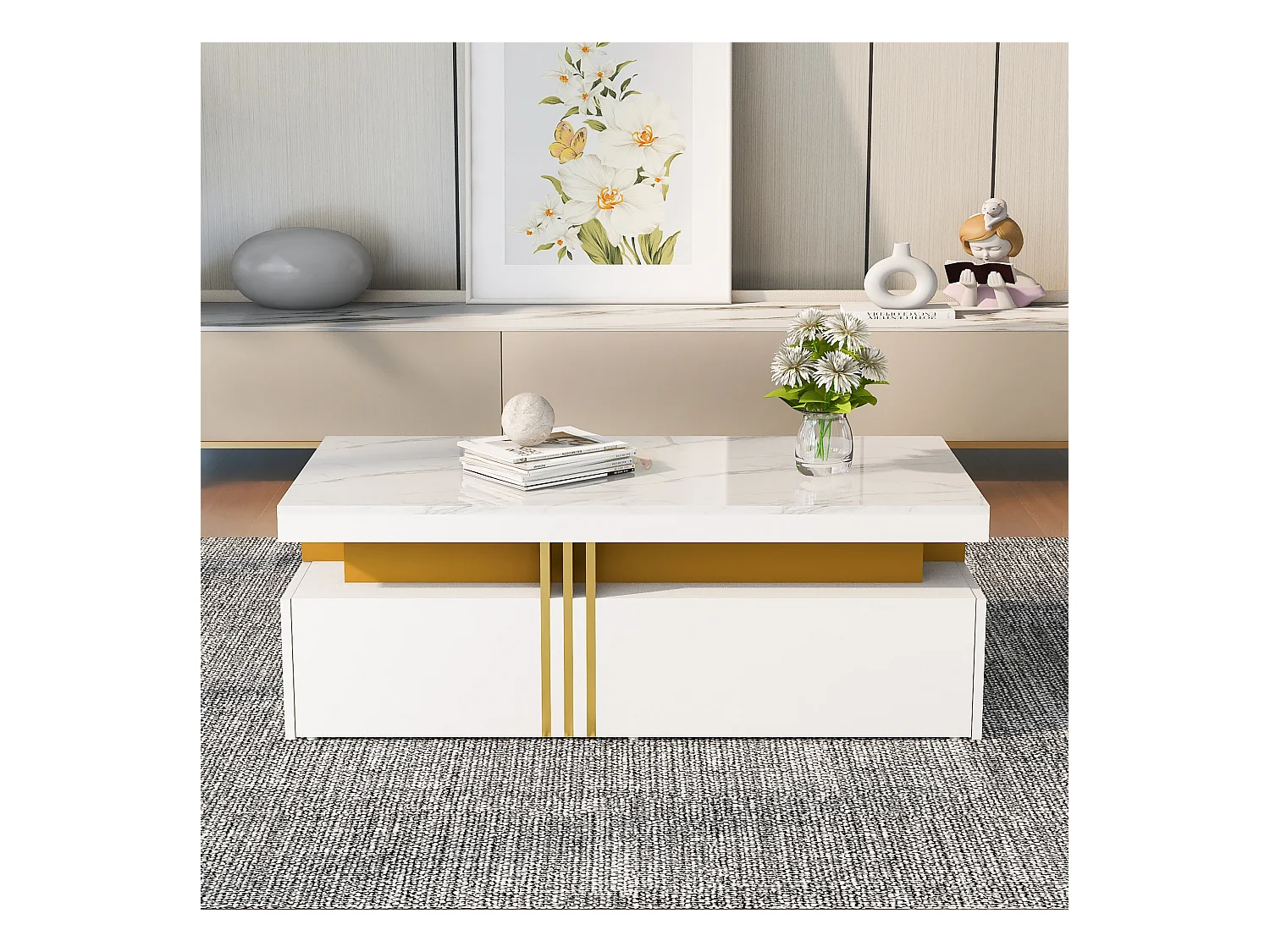 Table basse moderne avec 2 tiroirs, surface haute brillance, plateau marbré, MDF, blanc (100x50x40 cm)