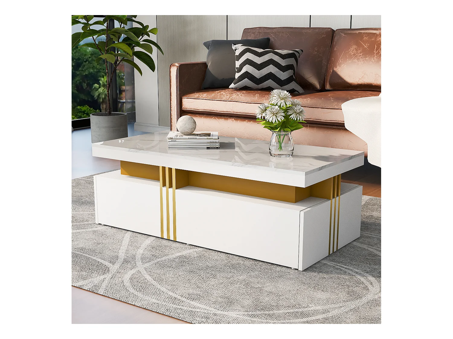 Table basse moderne avec 2 tiroirs, surface haute brillance, plateau marbré, MDF, blanc (100x50x40 cm)