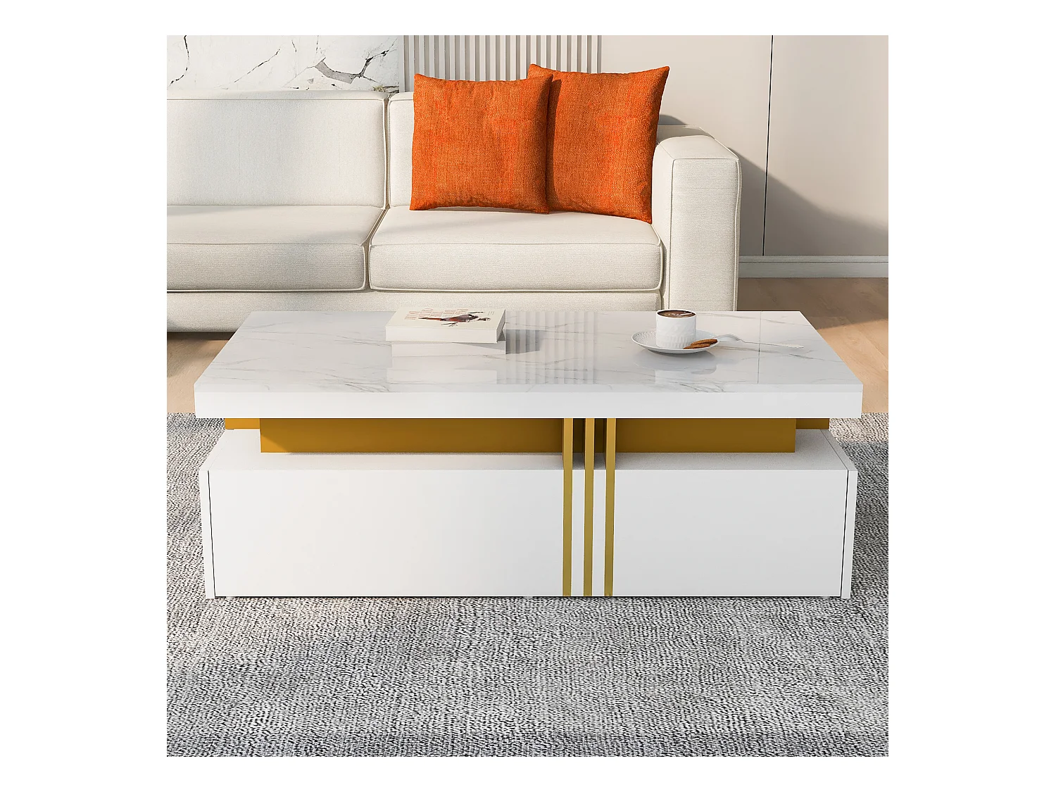 Table basse moderne avec 2 tiroirs, surface haute brillance, plateau marbré, MDF, blanc (100x50x40 cm)