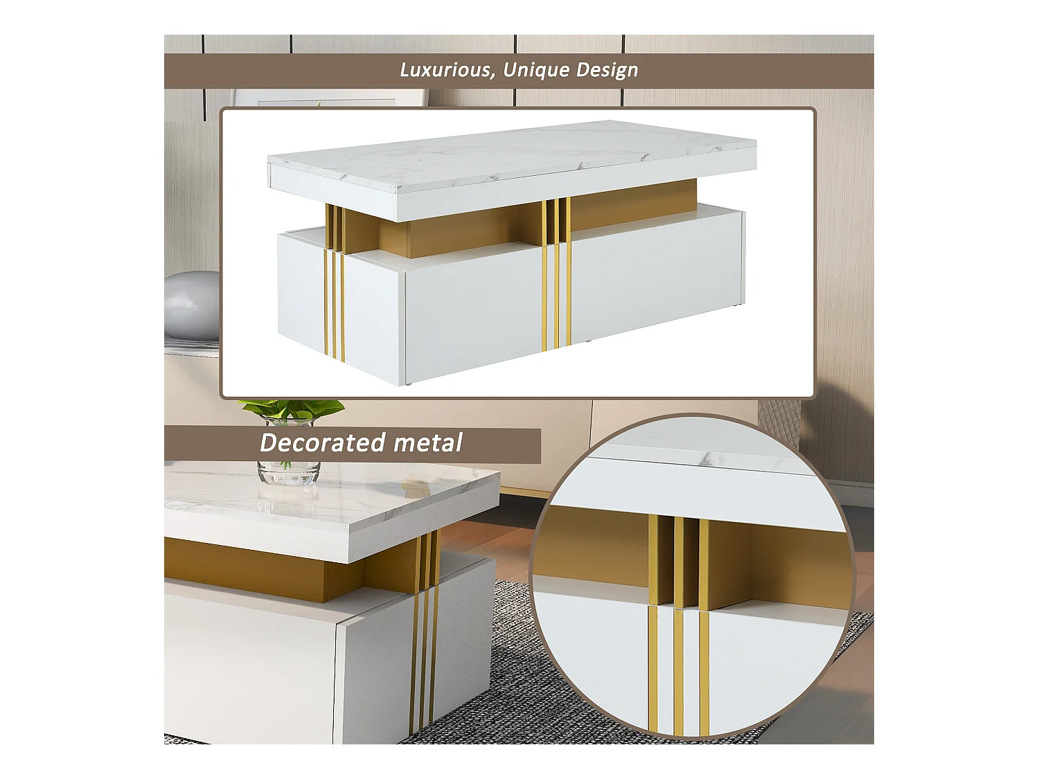 Table basse moderne avec 2 tiroirs, surface haute brillance, plateau marbré, MDF, blanc (100x50x40 cm)