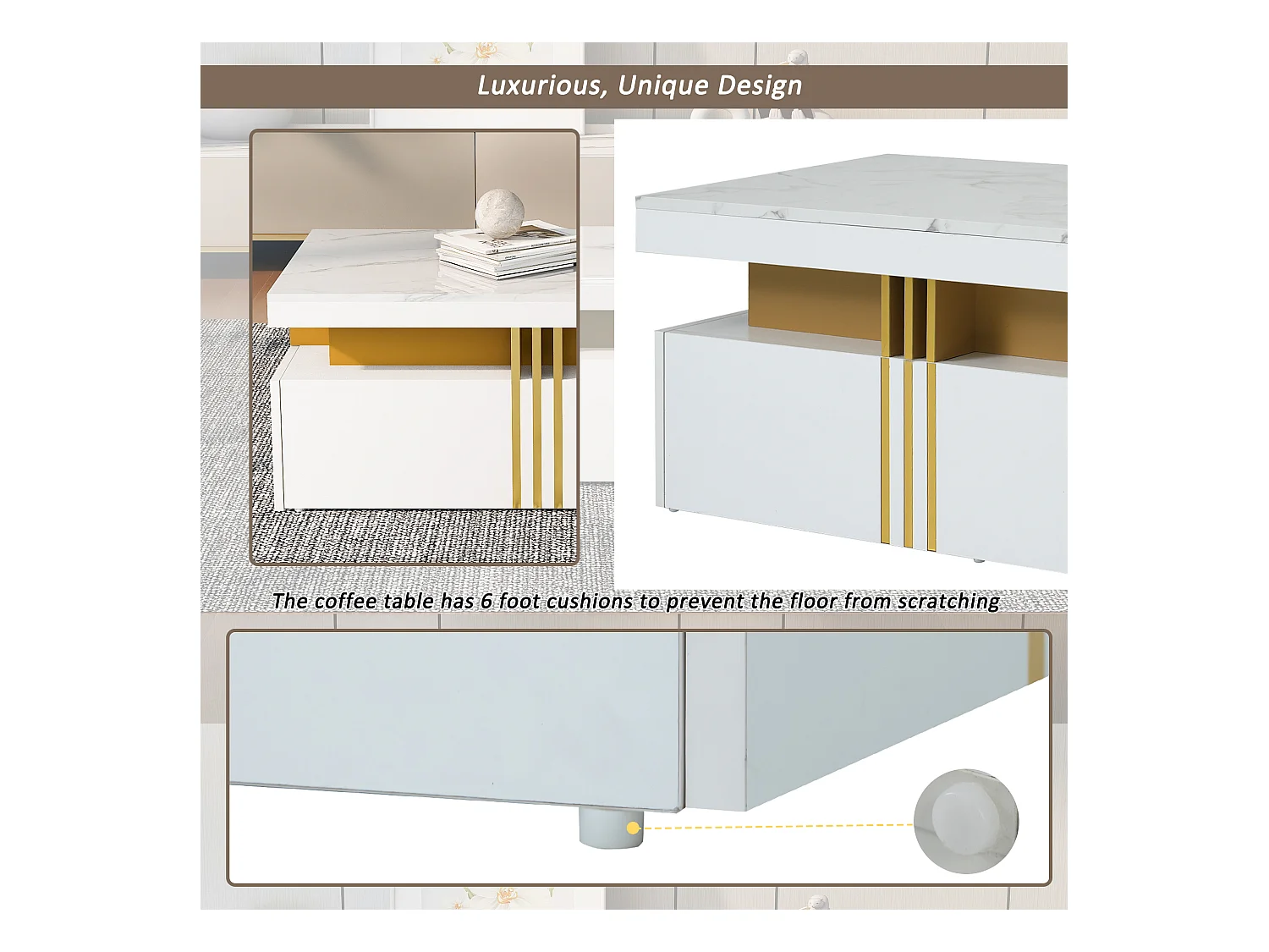 Table basse moderne avec 2 tiroirs, surface haute brillance, plateau marbré, MDF, blanc (100x50x40 cm)