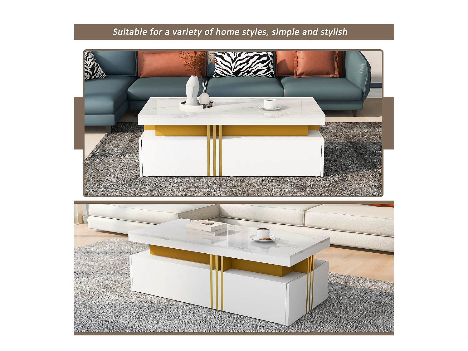 Table basse moderne avec 2 tiroirs, surface haute brillance, plateau marbré, MDF, blanc (100x50x40 cm)