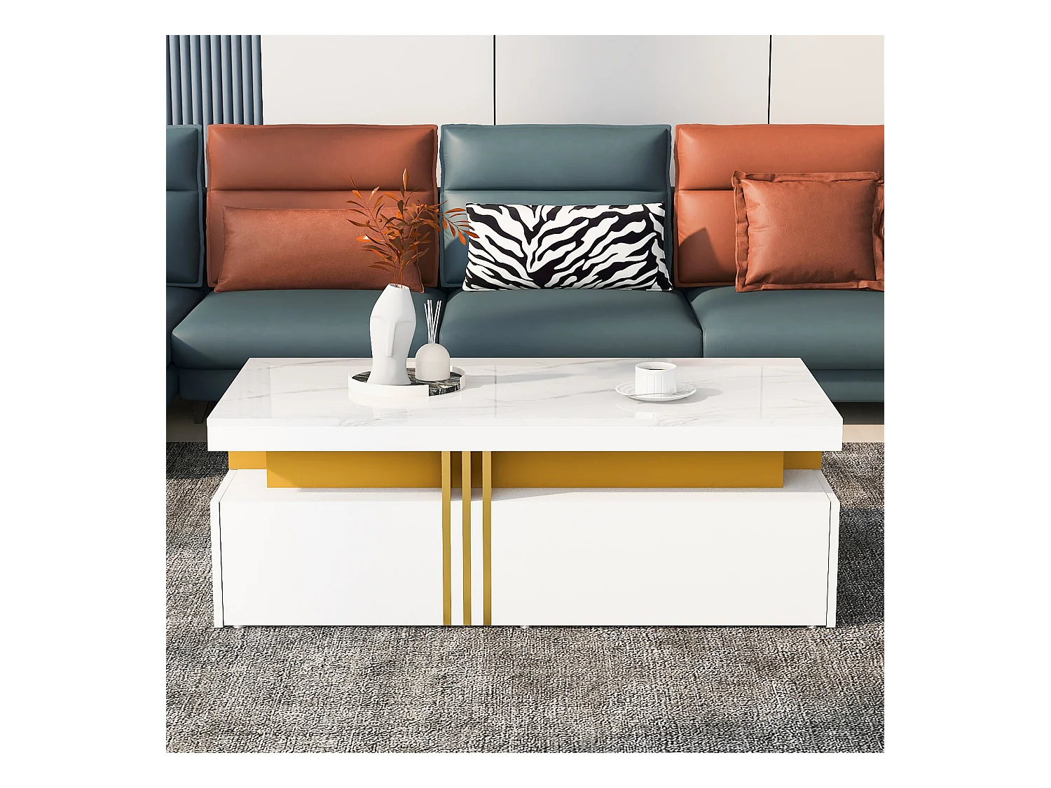 Tavolino moderno con 2 cassetti, superficie lucida, piano in marmo, MDF, bianco (100x50x40 cm)