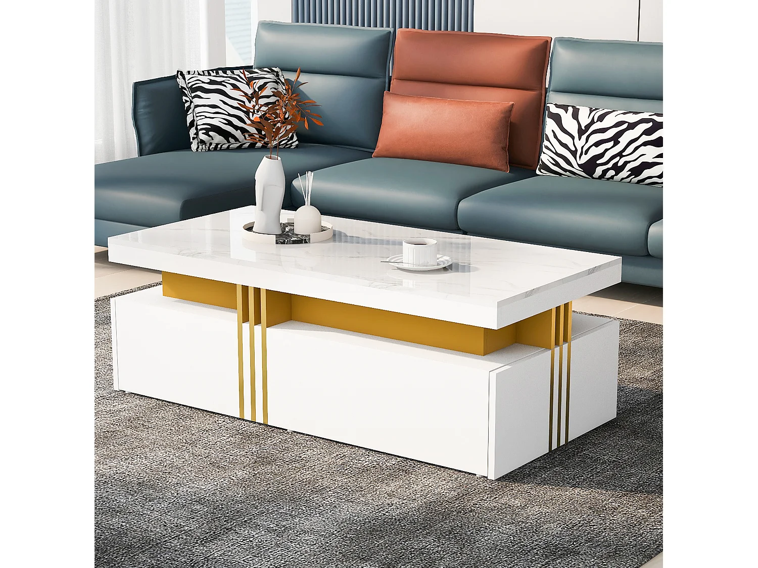 Table basse moderne avec 2 tiroirs, surface haute brillance, plateau marbré, MDF, blanc (100x50x40 cm)