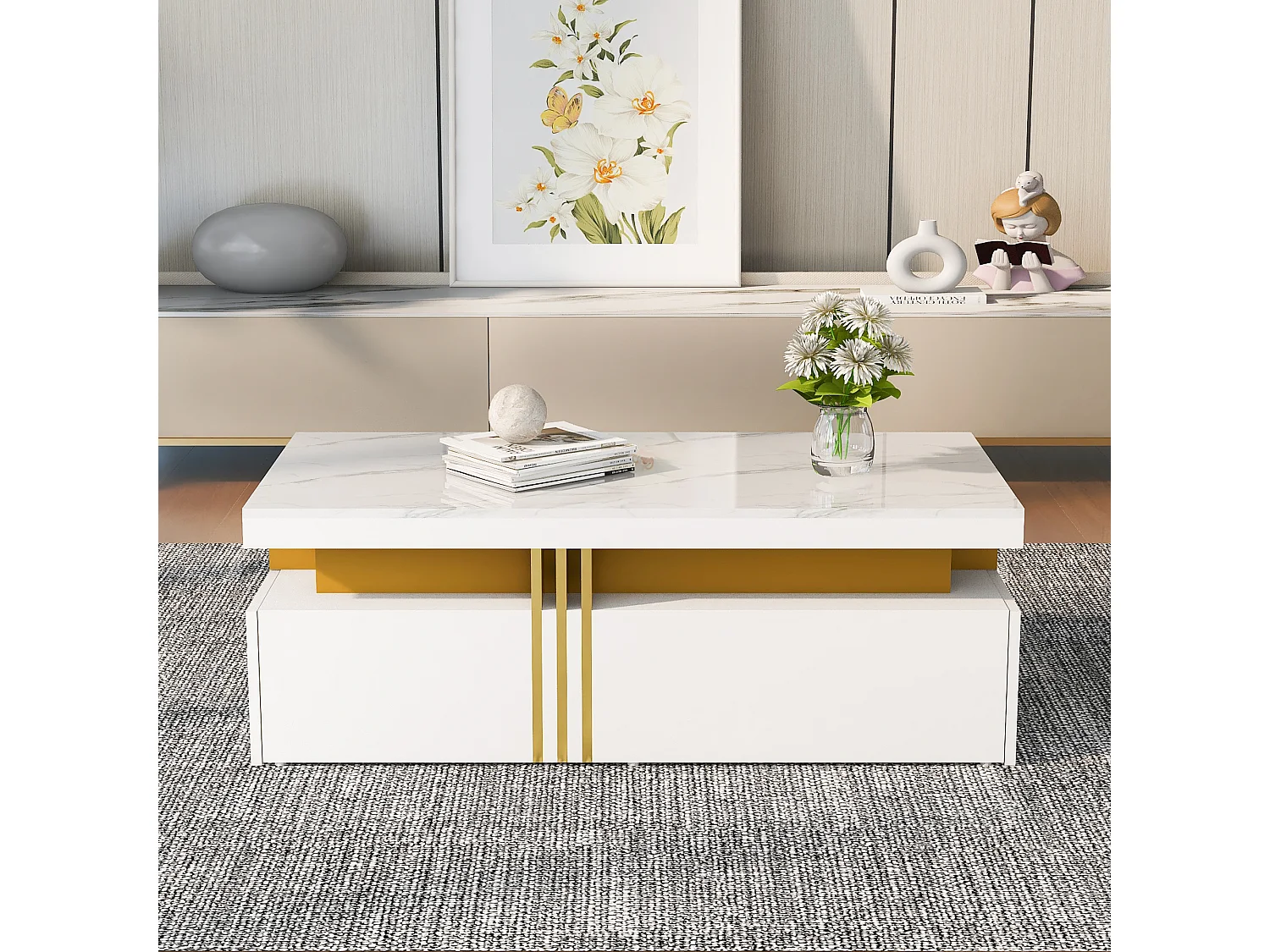 Table basse moderne avec 2 tiroirs, surface haute brillance, plateau marbré, MDF, blanc (100x50x40 cm)