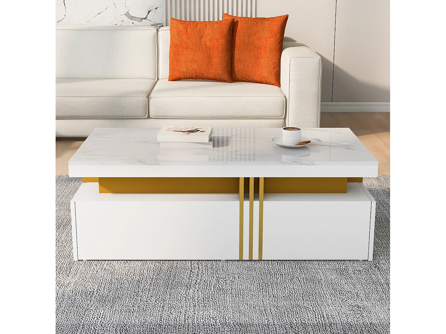 Table basse moderne avec 2 tiroirs, surface haute brillance, plateau marbré, MDF, blanc (100x50x40 cm)