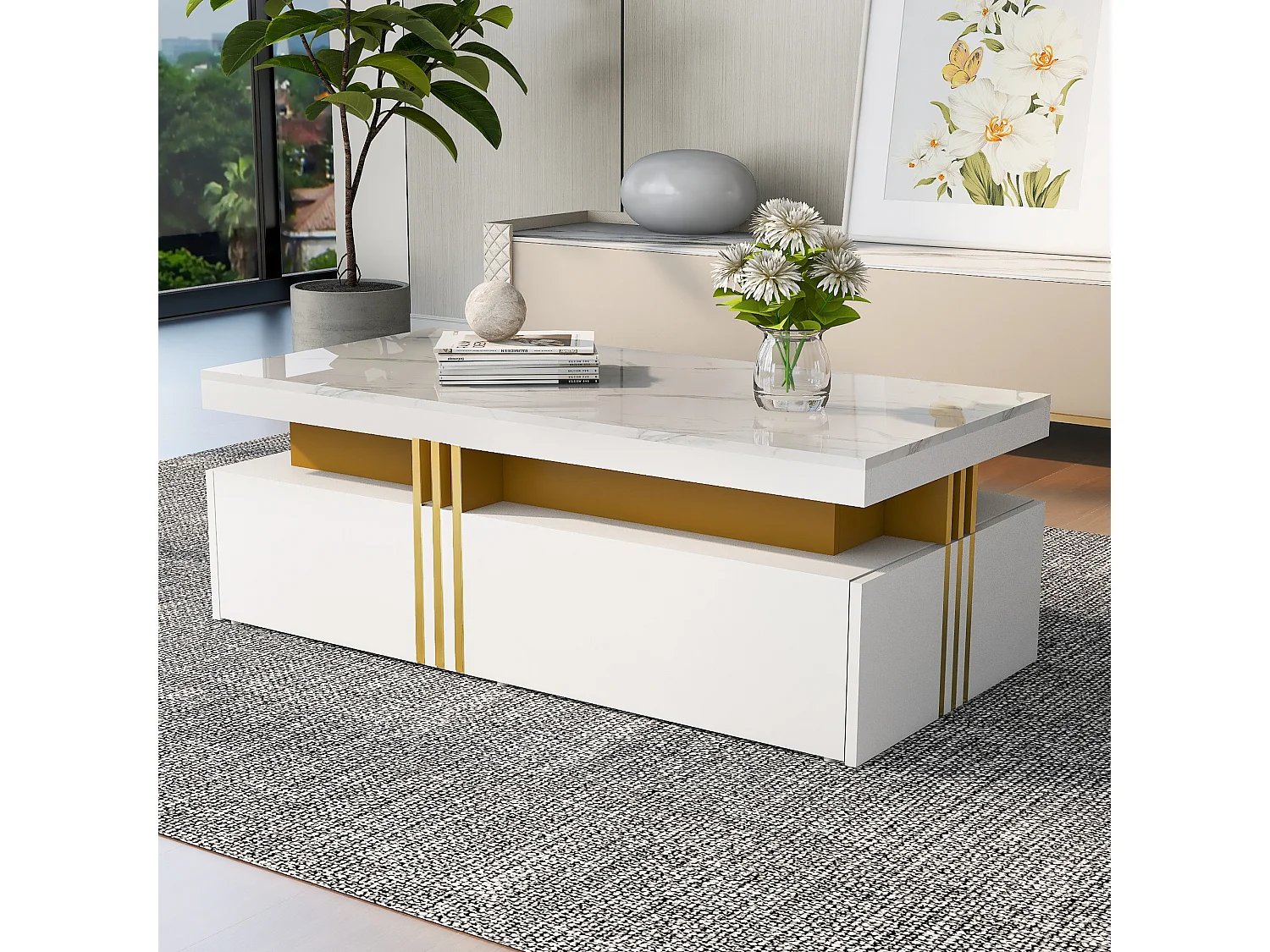 Table basse moderne avec 2 tiroirs, surface haute brillance, plateau marbré, MDF, blanc (100x50x40 cm)