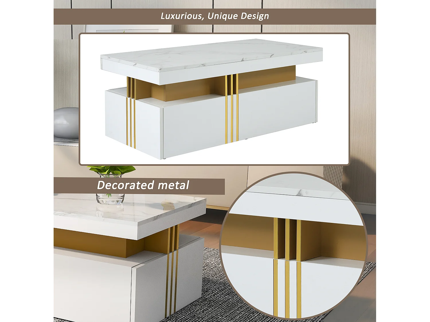 Table basse moderne avec 2 tiroirs, surface haute brillance, plateau marbré, MDF, blanc (100x50x40 cm)