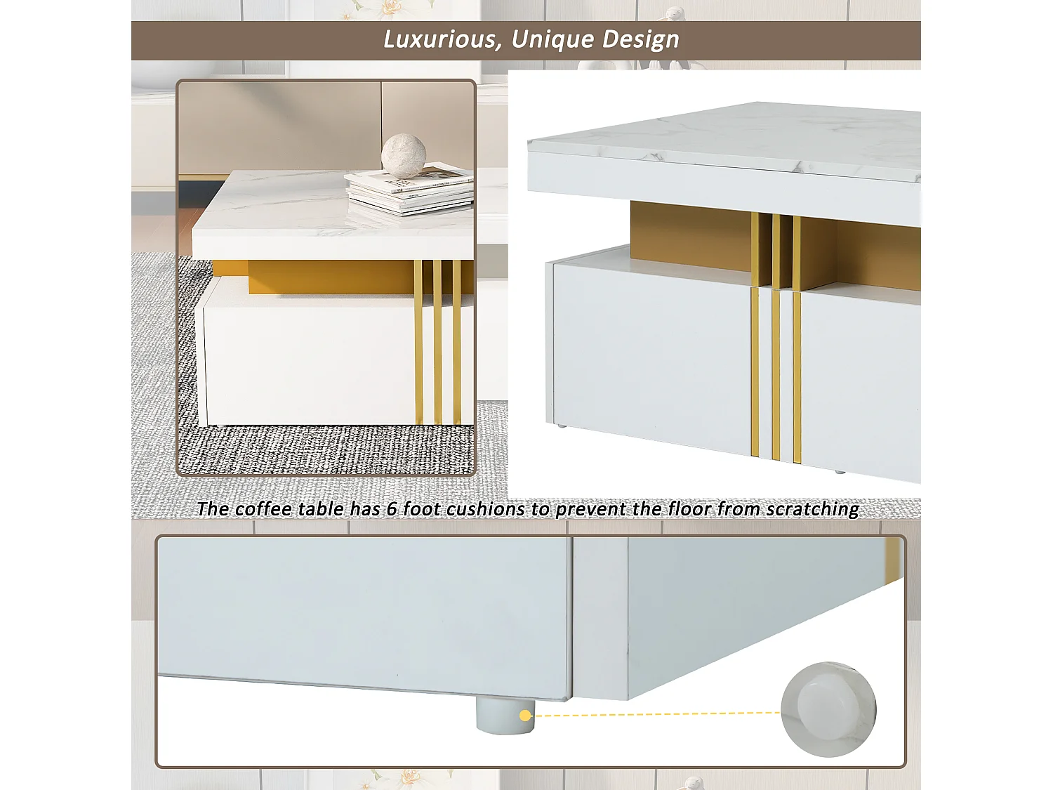 Table basse moderne avec 2 tiroirs, surface haute brillance, plateau marbré, MDF, blanc (100x50x40 cm)
