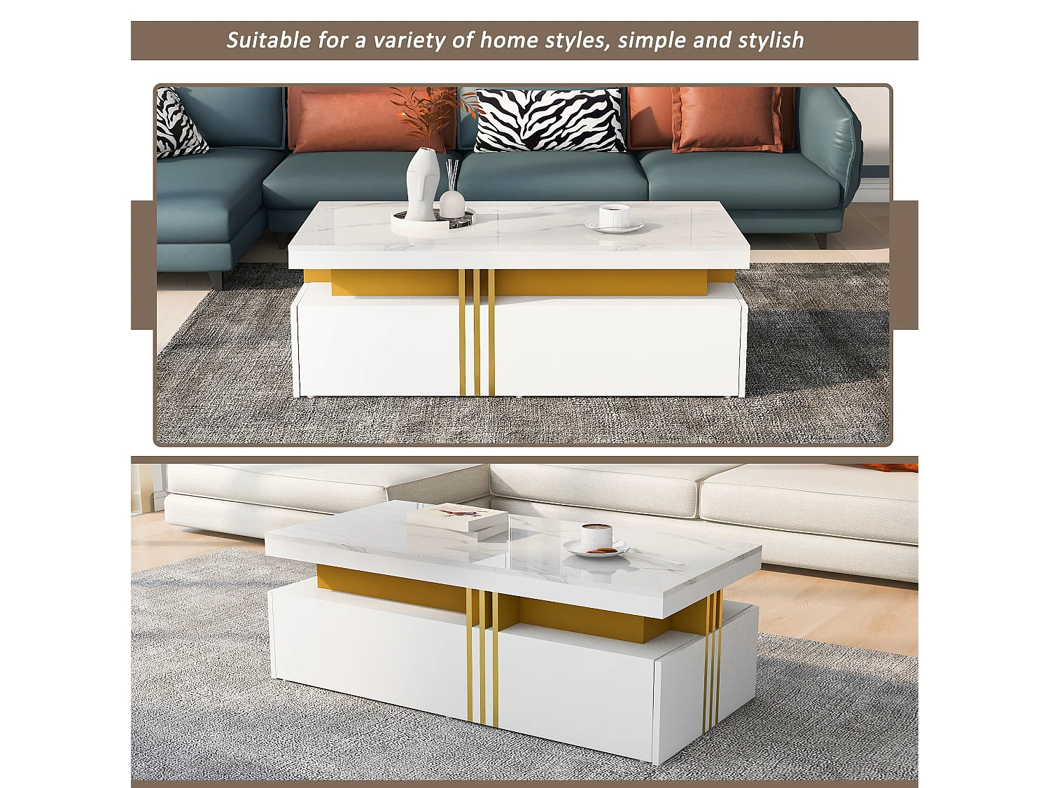 Table basse moderne avec 2 tiroirs, surface haute brillance, plateau marbré, MDF, blanc (100x50x40 cm)