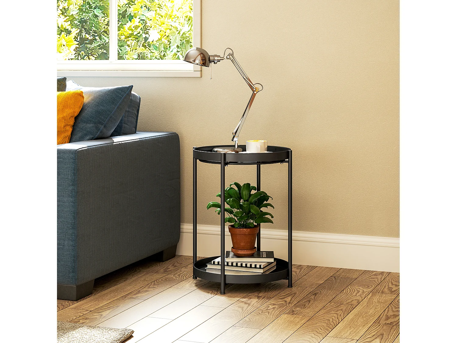 Table d'appoint ronde à 2 étagères, acier noir, pour salon et chambre (44x44x56cm)