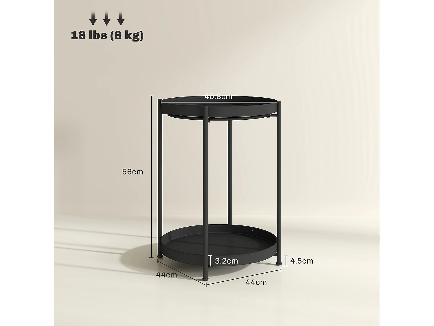 Table d'appoint ronde à 2 étagères, acier noir, pour salon et chambre (44x44x56cm)