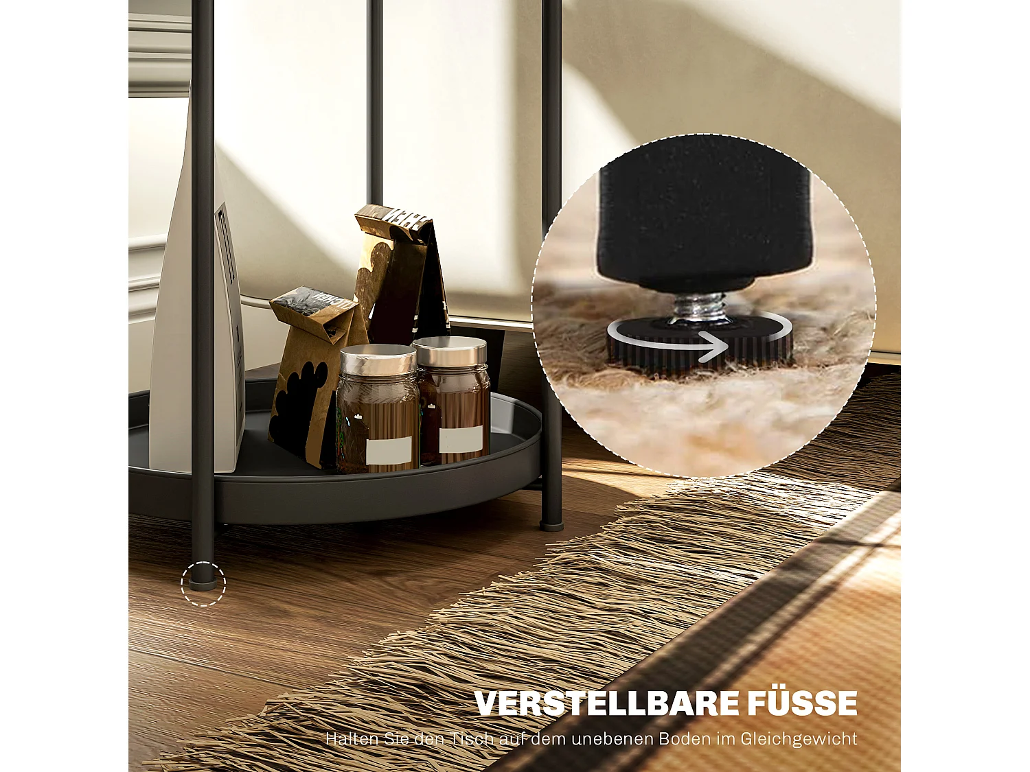 Table d'appoint ronde à 2 étagères, acier noir, pour salon et chambre (44x44x56cm)