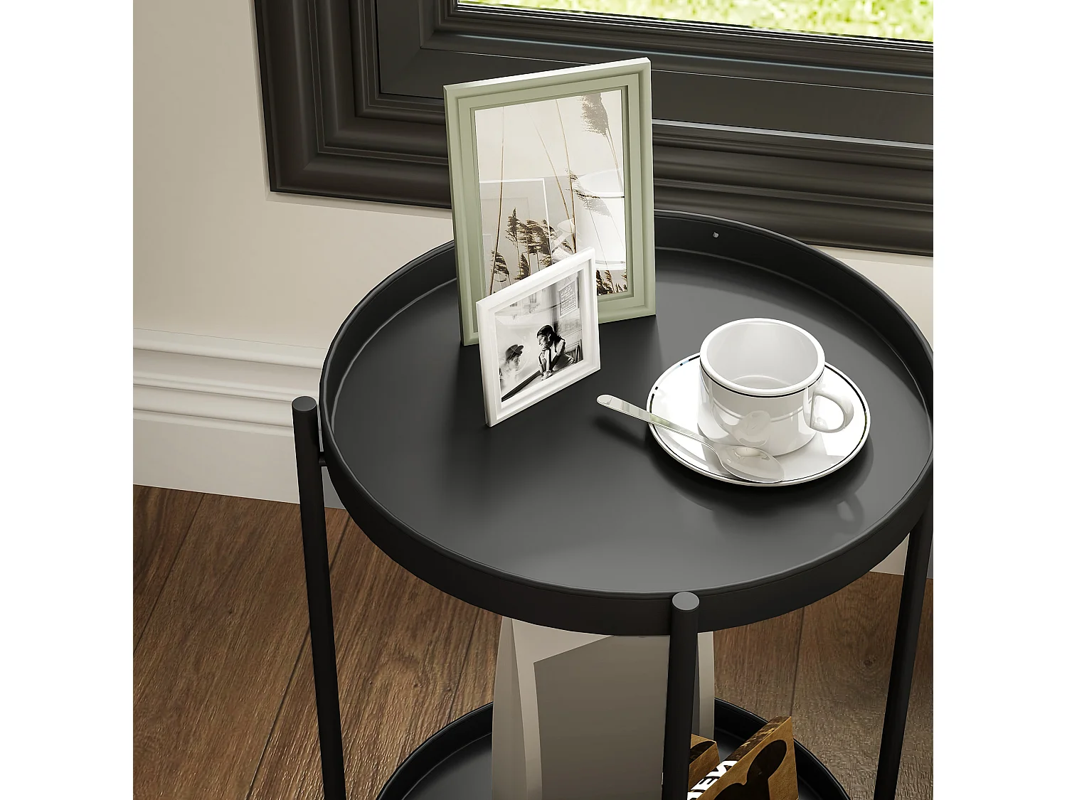 Table d'appoint ronde à 2 étagères, acier noir, pour salon et chambre (44x44x56cm)