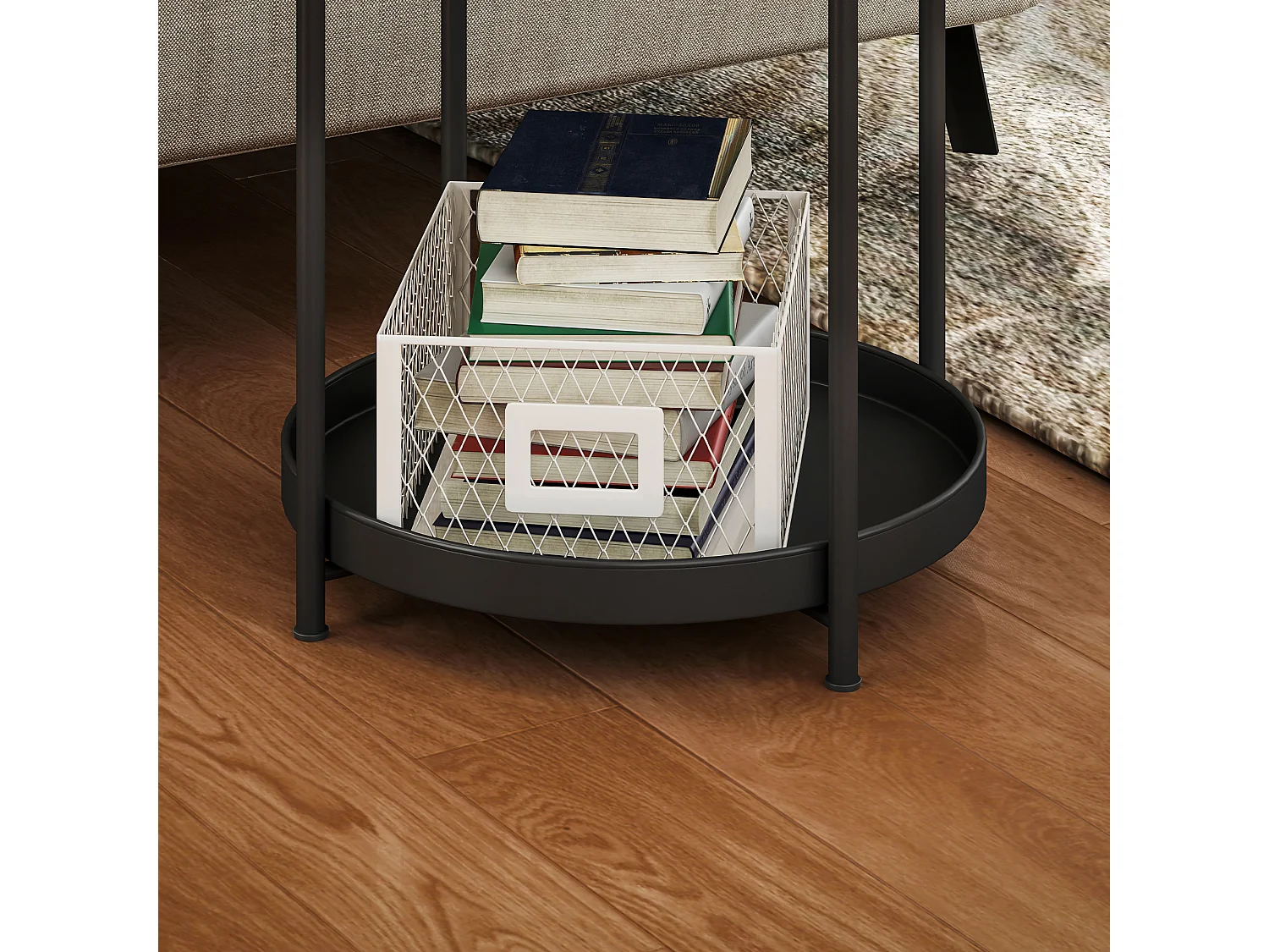 Table d'appoint ronde à 2 étagères, acier noir, pour salon et chambre (44x44x56cm)