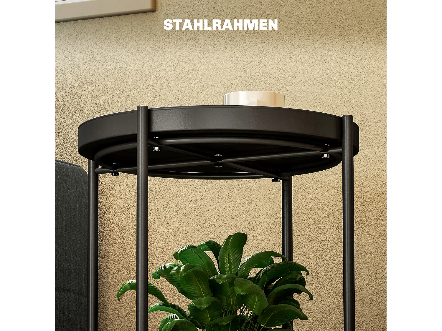 Table d'appoint ronde à 2 étagères, acier noir, pour salon et chambre (44x44x56cm)