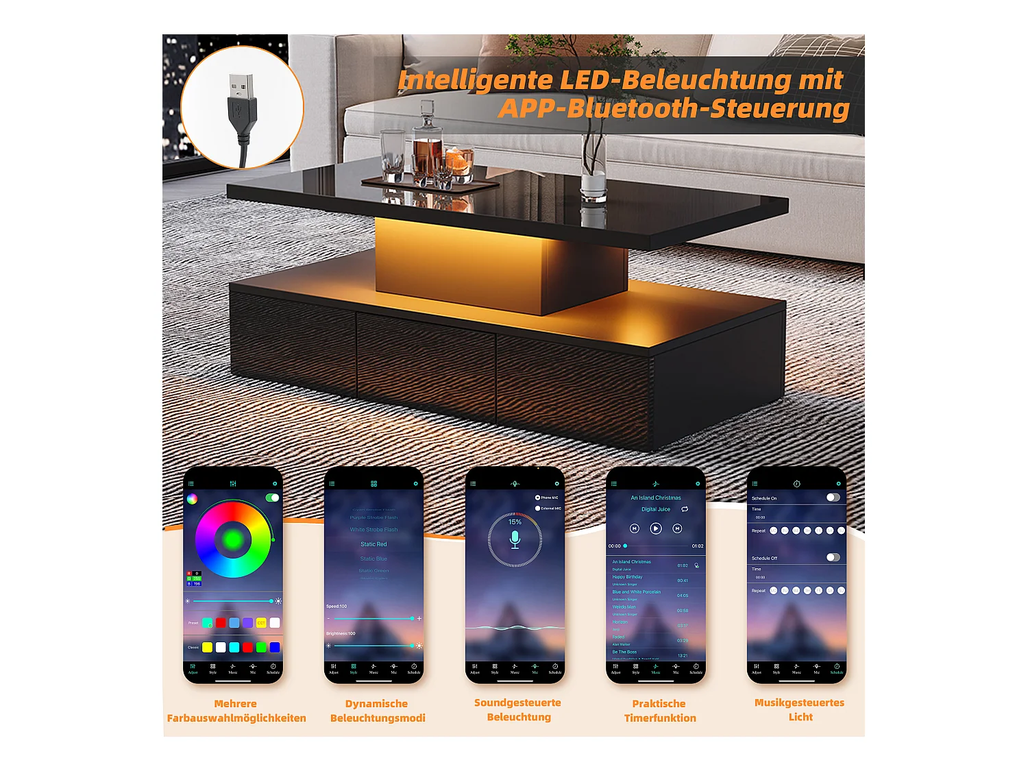 Tavolino da caffè a LED a 2 ripiani, nero, design moderno, con 16 colori LED, pannello truciolare, telecomando, (100x50x39 cm)