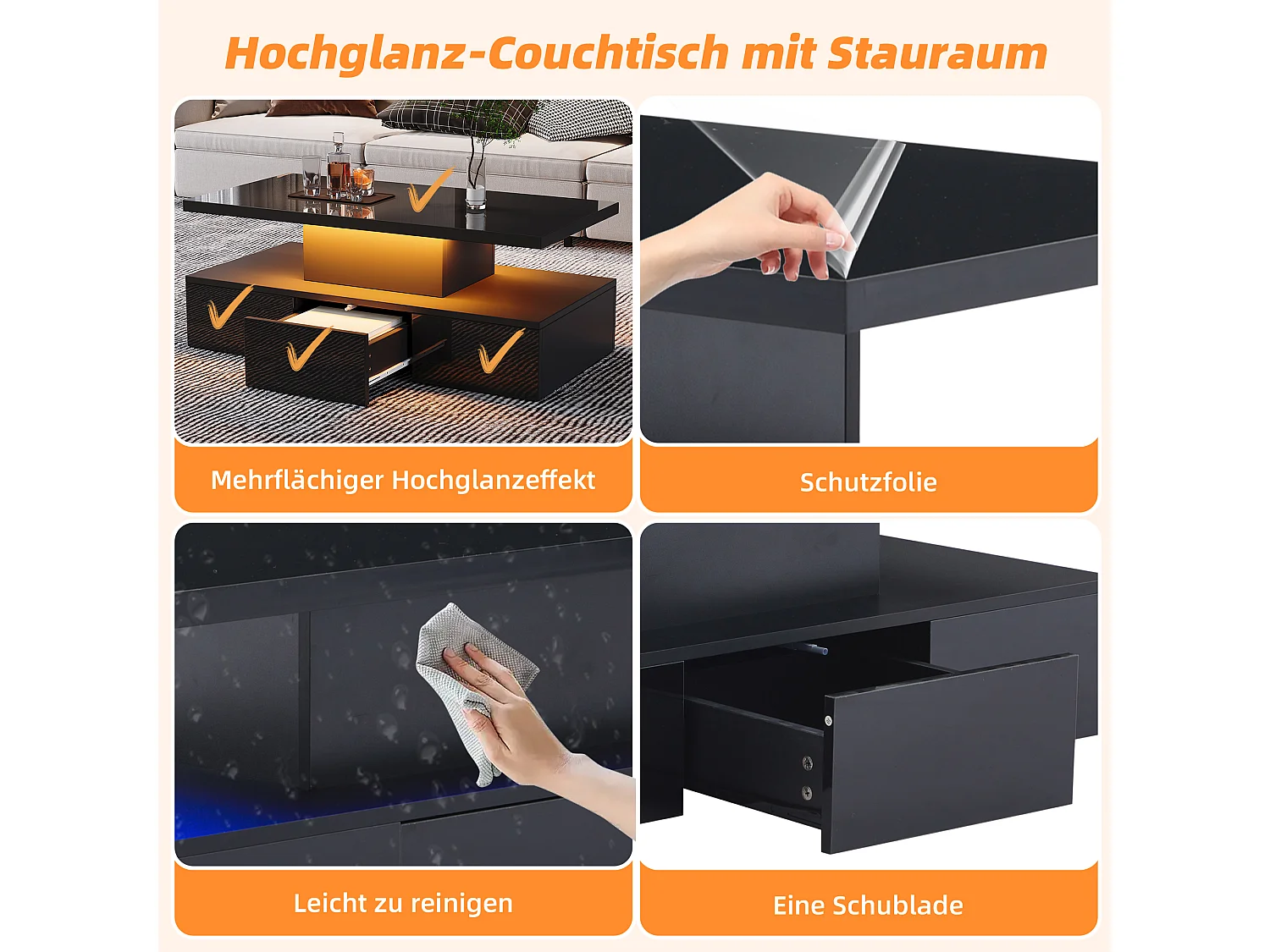 Table Basse LED 2 Niveaux, Noir, Design Moderne, avec 16 Couleurs LED, Panneau en Particules, Télécommande, (100x50x39 cm)