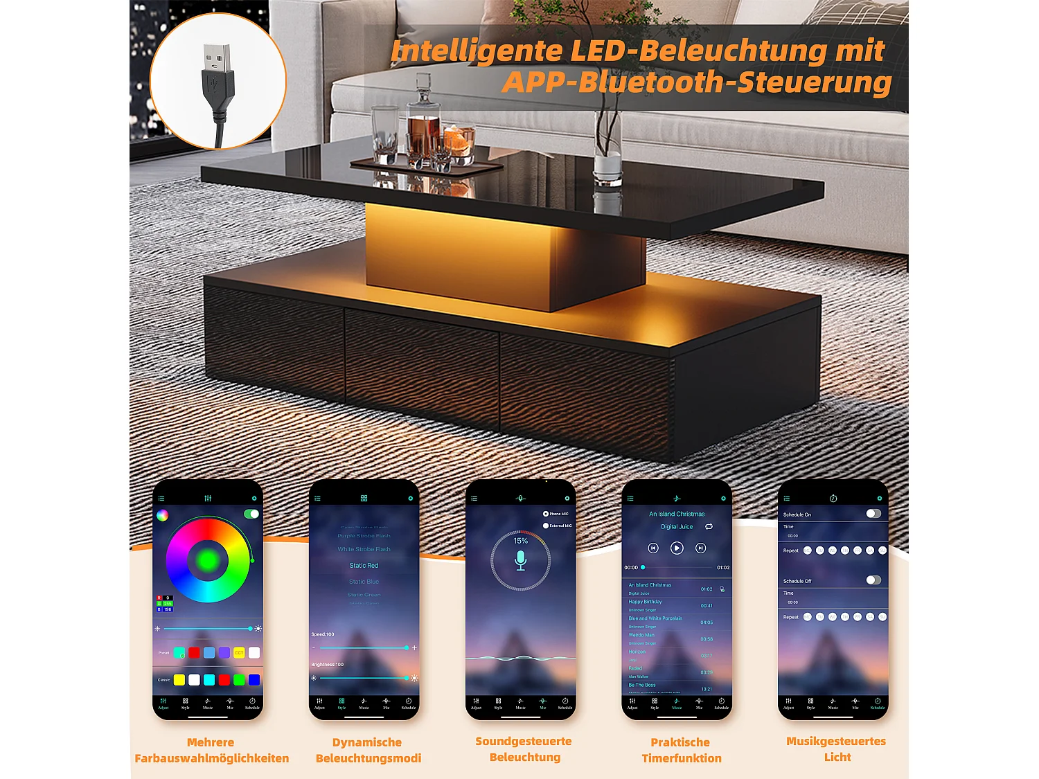 Table Basse LED 2 Niveaux, Noir, Design Moderne, avec 16 Couleurs LED, Panneau en Particules, Télécommande, (100x50x39 cm)