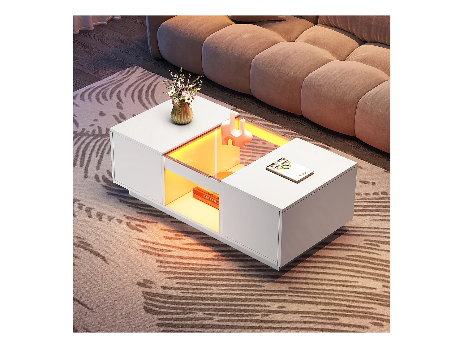 Table basse noire avec verre, LED, 2 tiroirs et 1 espace de rangement ouvert (100x50x35.5 cm), contrôlable via application