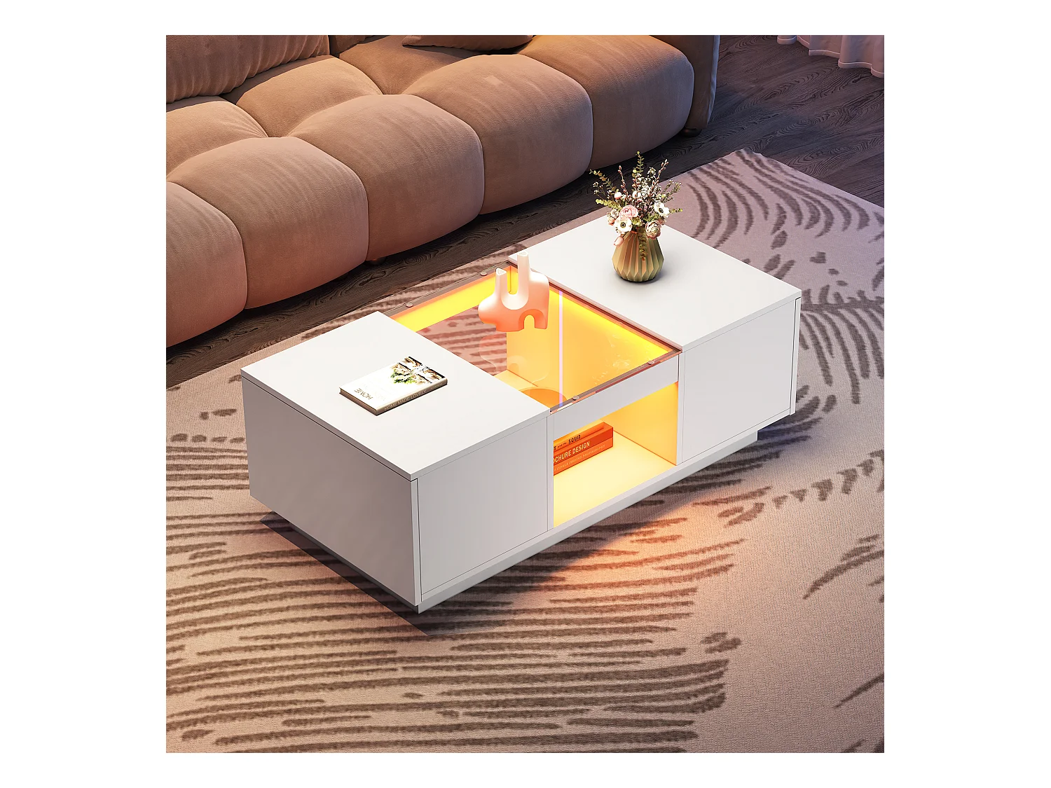 Table basse noire avec verre, LED, 2 tiroirs et 1 espace de rangement ouvert (100x50x35.5 cm), contrôlable via application