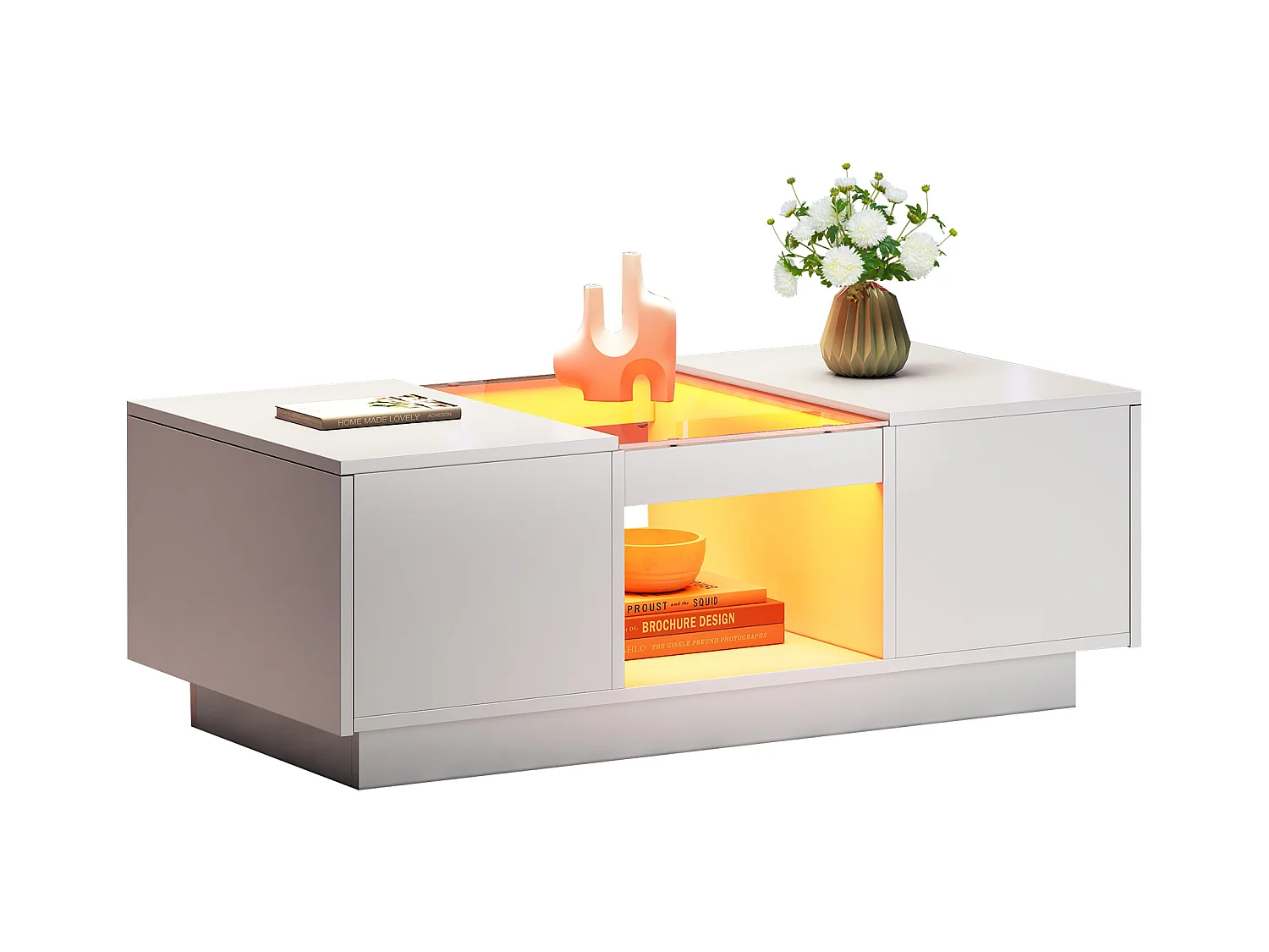 Table basse noire avec verre, LED, 2 tiroirs et 1 espace de rangement ouvert (100x50x35.5 cm), contrôlable via application