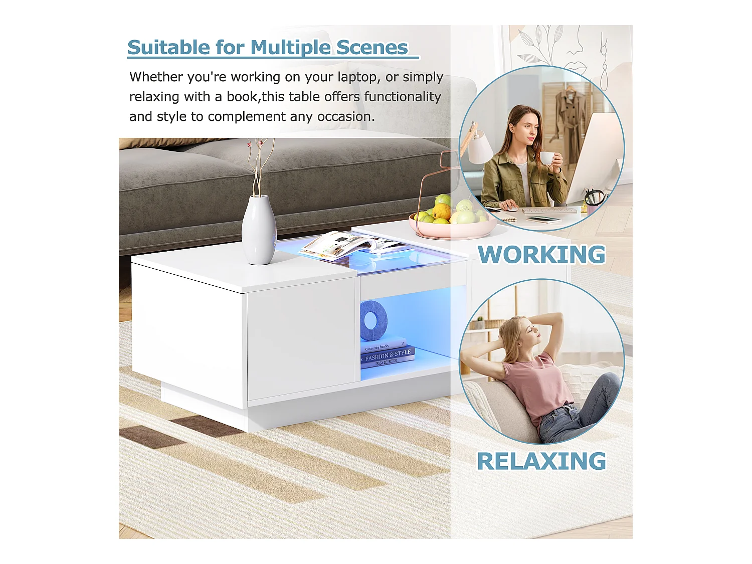 Table basse noire avec verre, LED, 2 tiroirs et 1 espace de rangement ouvert (100x50x35.5 cm), contrôlable via application