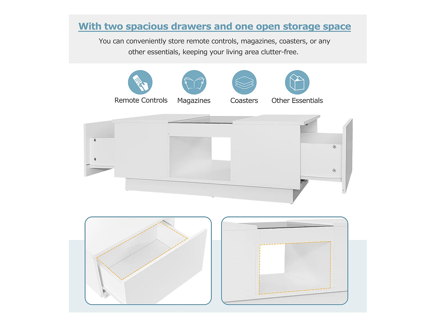Table basse noire avec verre, LED, 2 tiroirs et 1 espace de rangement ouvert (100x50x35.5 cm), contrôlable via application
