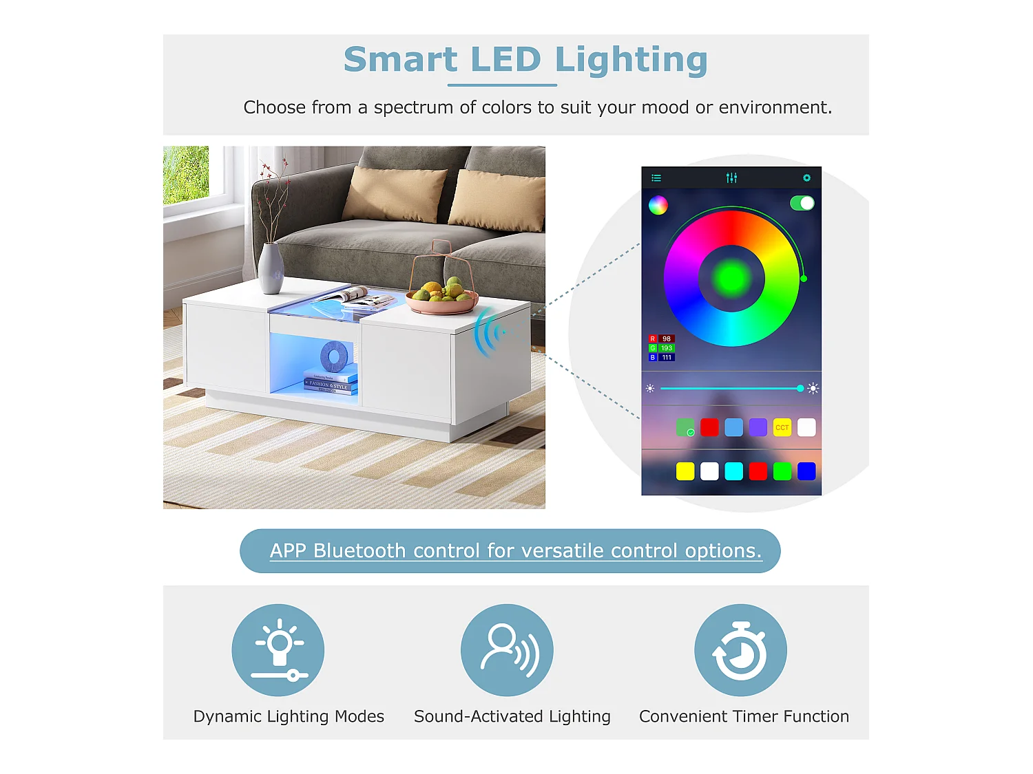 Table basse noire avec verre, LED, 2 tiroirs et 1 espace de rangement ouvert (100x50x35.5 cm), contrôlable via application