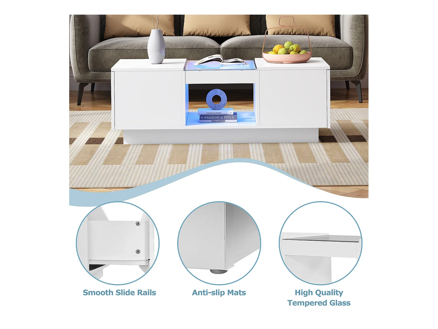 Table basse noire avec verre, LED, 2 tiroirs et 1 espace de rangement ouvert (100x50x35.5 cm), contrôlable via application