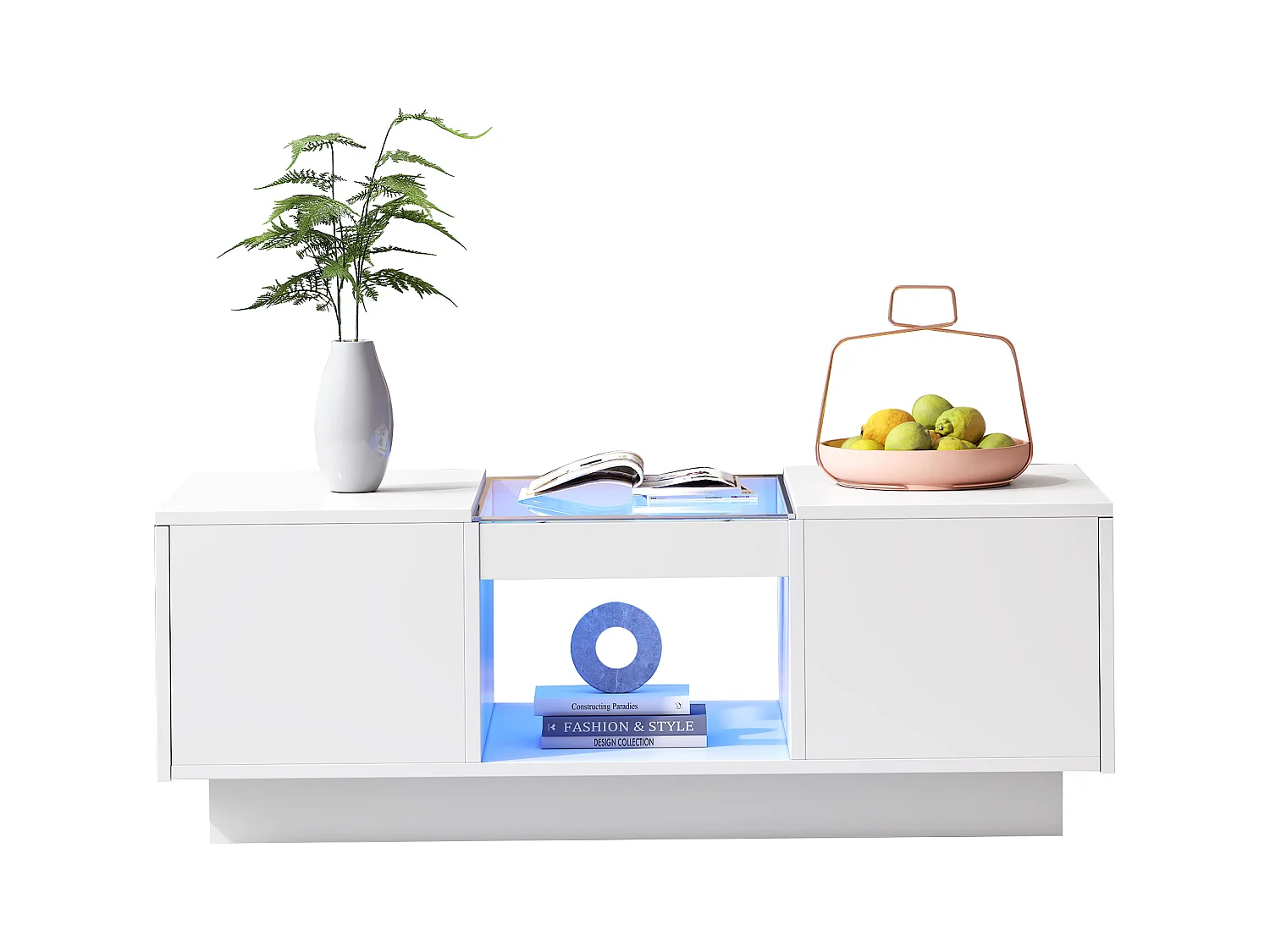 Table basse noire avec verre, LED, 2 tiroirs et 1 espace de rangement ouvert (100x50x35.5 cm), contrôlable via application