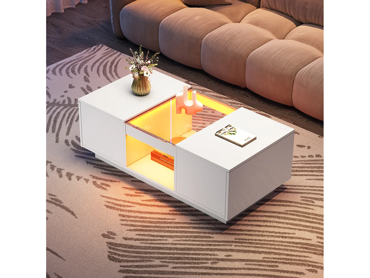 Table basse noire avec verre, LED, 2 tiroirs et 1 espace de rangement ouvert (100x50x35.5 cm), contrôlable via application