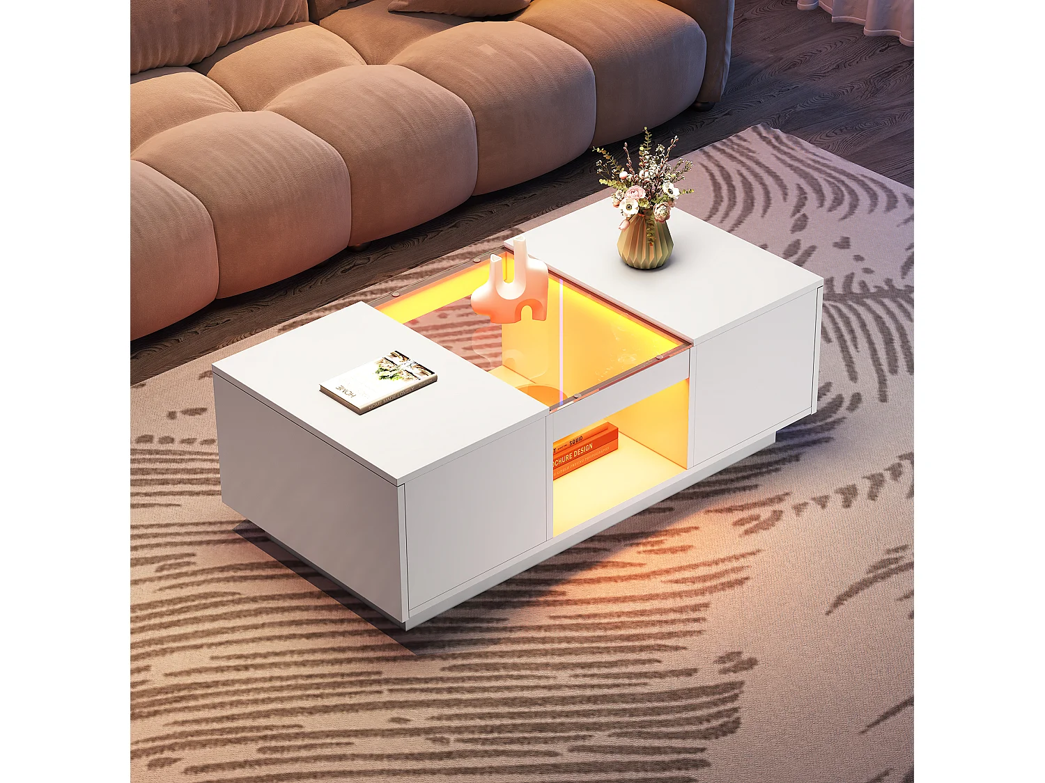 Table basse noire avec verre, LED, 2 tiroirs et 1 espace de rangement ouvert (100x50x35.5 cm), contrôlable via application