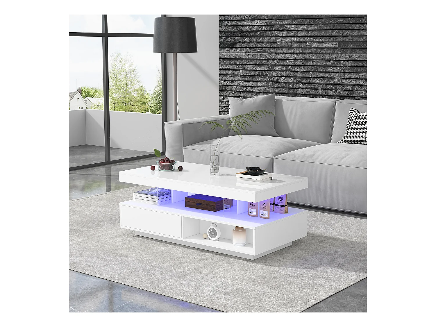 Table basse moderne avec 4 inserts en verre, 2 tiroirs, 2 compartiments ouverts, MDF, blanc (95 x 50 x 42.5 cm)
